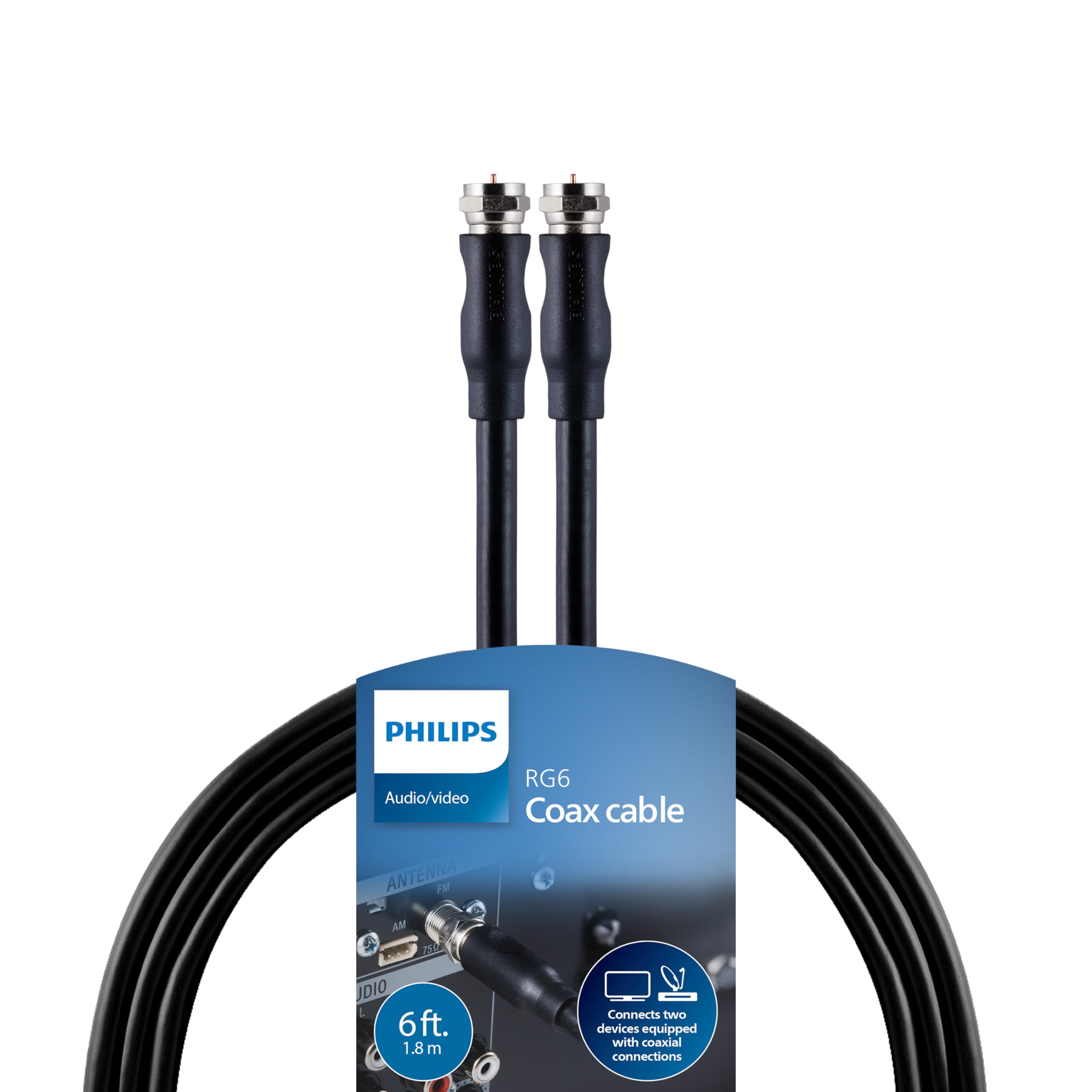 PHILIPS RG6 Dual Shield Coaxial Cable 4 Pack, 6 ft. Ideal for TV Antenna DVR VCR Satellite Cable, F-Type Connectors, 3Ghz Digital, Black, SWV3373B/37