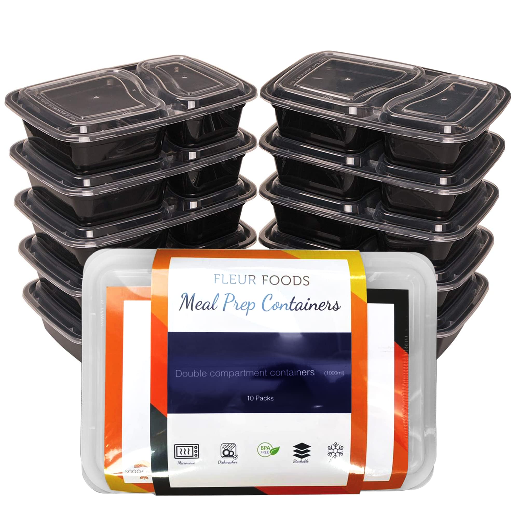 Fleur Foods Black Meal Prep Containers - Bpa Free - Plastic Food Storage Trays With Airtight Lids - Microwave, Freezer & Dishwasher Safe - Stackable Portion Control Lunch Boxes (2 Compartment [1000Ml])