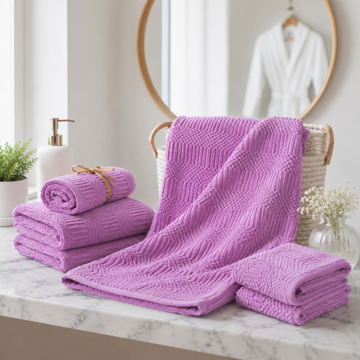 2-Piece Microfiber Coral Fleece Bath Towel Set | Super Soft & Highly Absorbent Polyester Towels | Bath Towel (69 x 138 cm) + Hand Towel (35 x 75 cm) | Pastel Coral- Purple-image-31