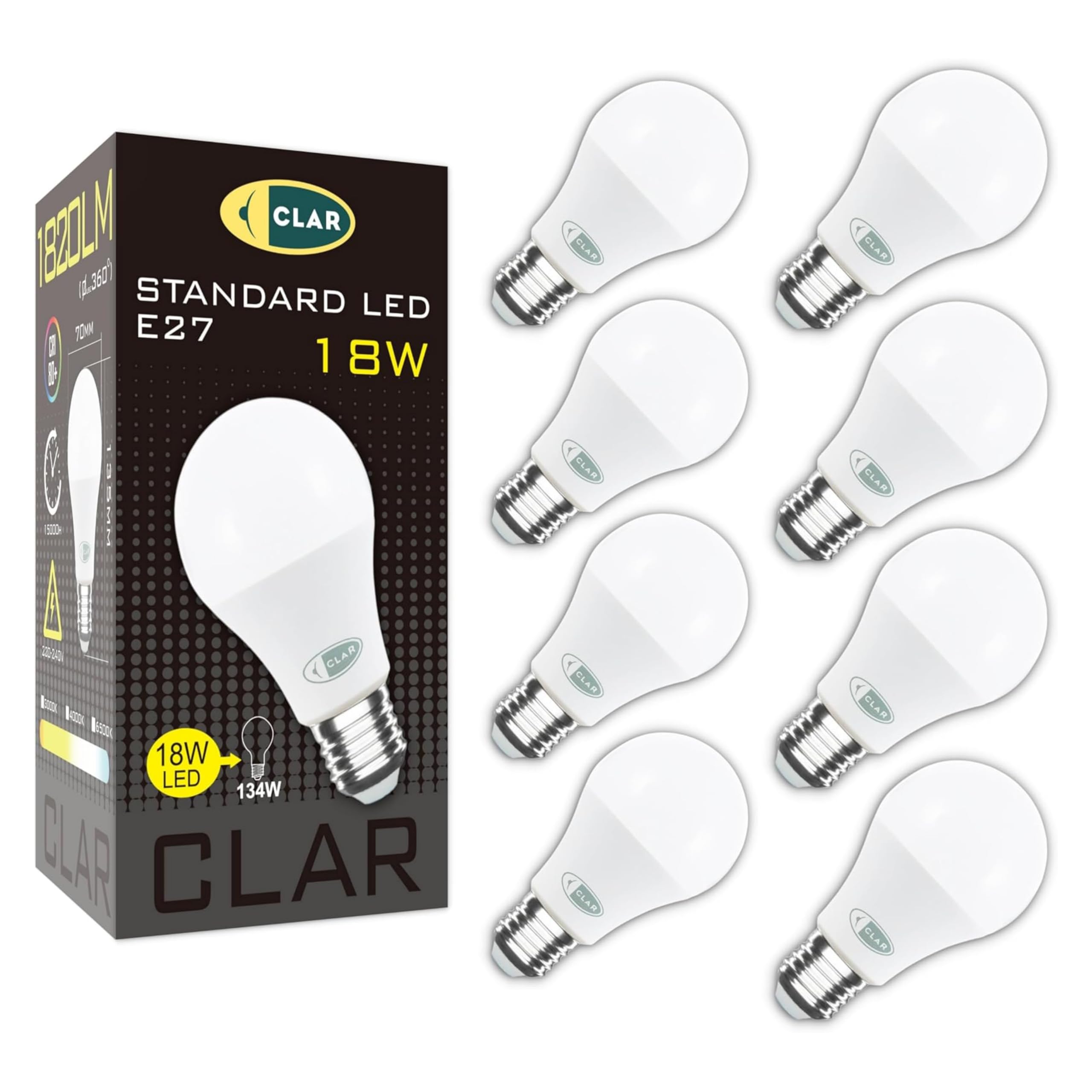 CLAR - LED E27 Bulb, 150W/120W Pack of 20, Warm White, 1500 Lumens, 18W, (Pack 8), Neutral White (4000ºk), 18W (Pack 8)