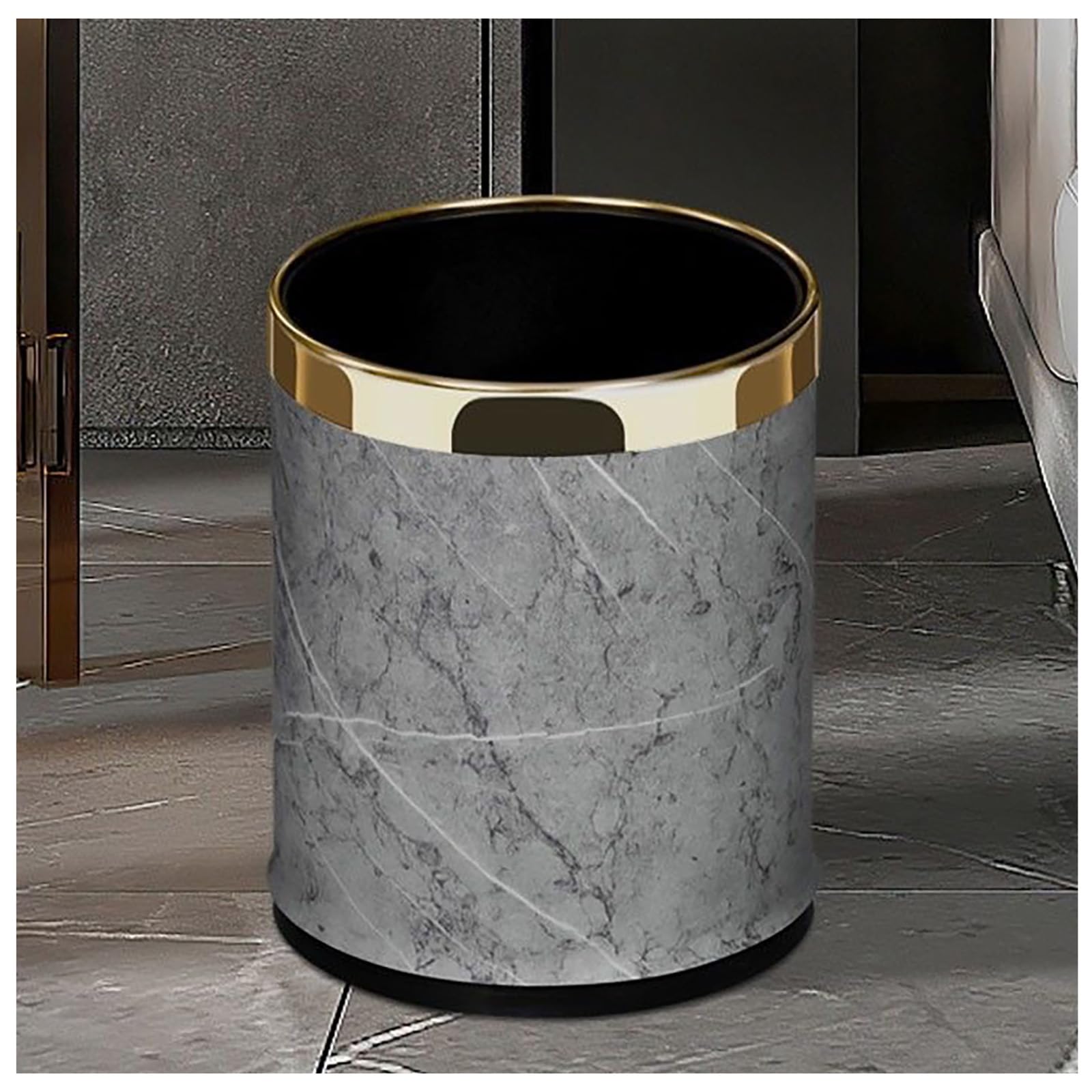 SXYLOB Luxury Metal Waste Bin 10L, Double Layer Trash Can PU Leather Covered Round Wastebasket Dust Bins for Kitchen Bathroom Hotel Office (Grey LIFANG) — image 1