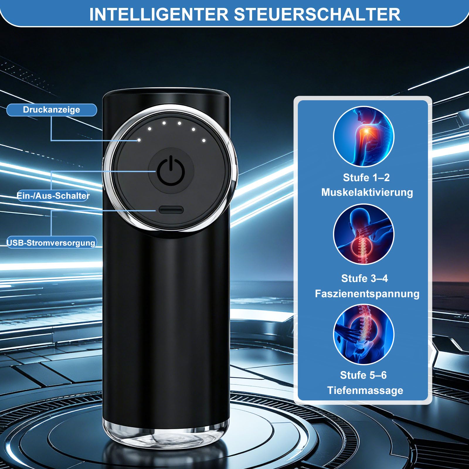 Tiefengewebe-Massagegerät, Muskelmassagegerät mit 6 Geschwindigkeitsstufen und 5 Massageköpfen, tragbares, leises Massagegerät zur Entspannung von Körper, Rücken und Schultern (Schwarz)
