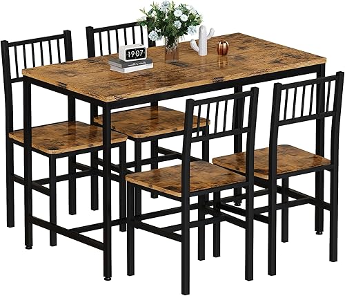 Miniatura 9 de AWQM Juego de mesa de comedor de 5 piezas, mesa de comedor industrial y sillas para 4, marco de metal con parte superior de madera, juego de mesa de