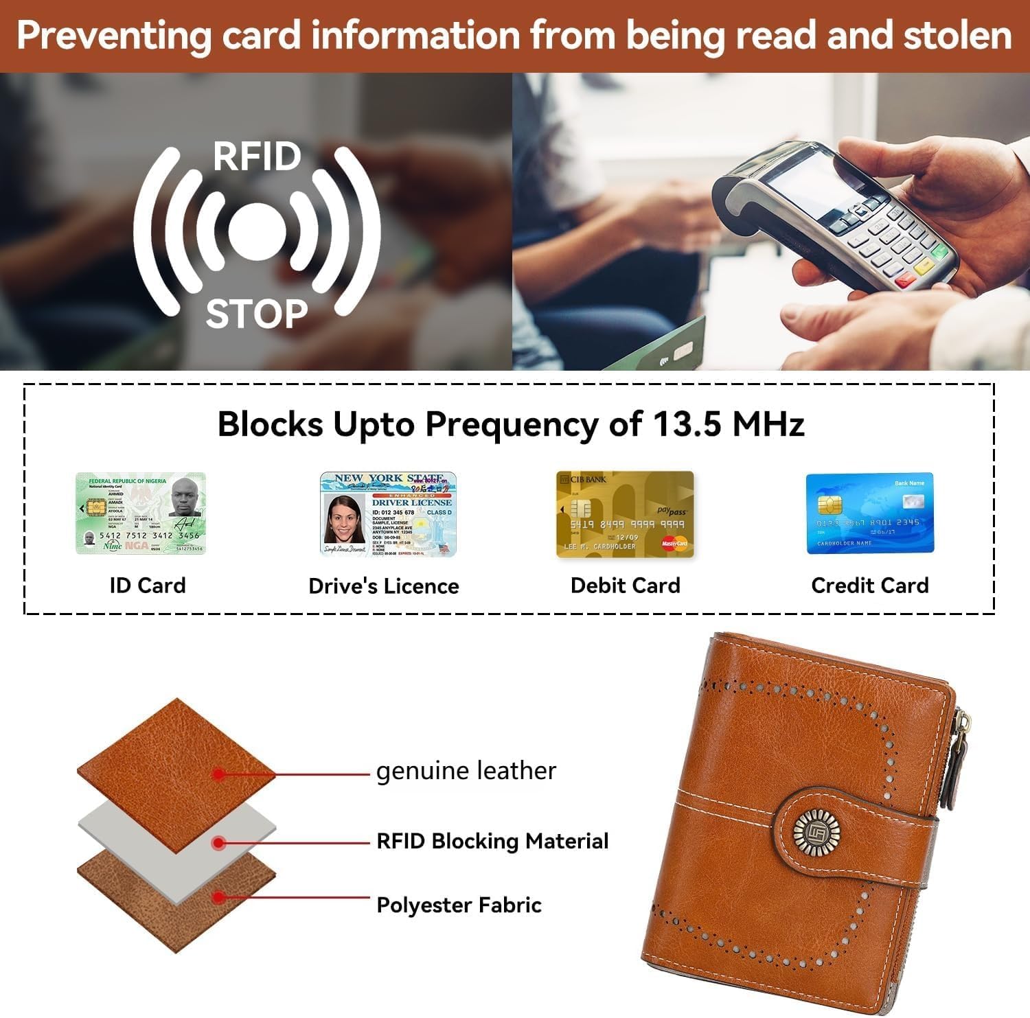 Women's Small Genuine Leather Bifold Wallet Large Capacity RFID Blocking with 16 Card Slots 2 ID Windows and Zipper Coin Pocket Pink (Brown) image 4