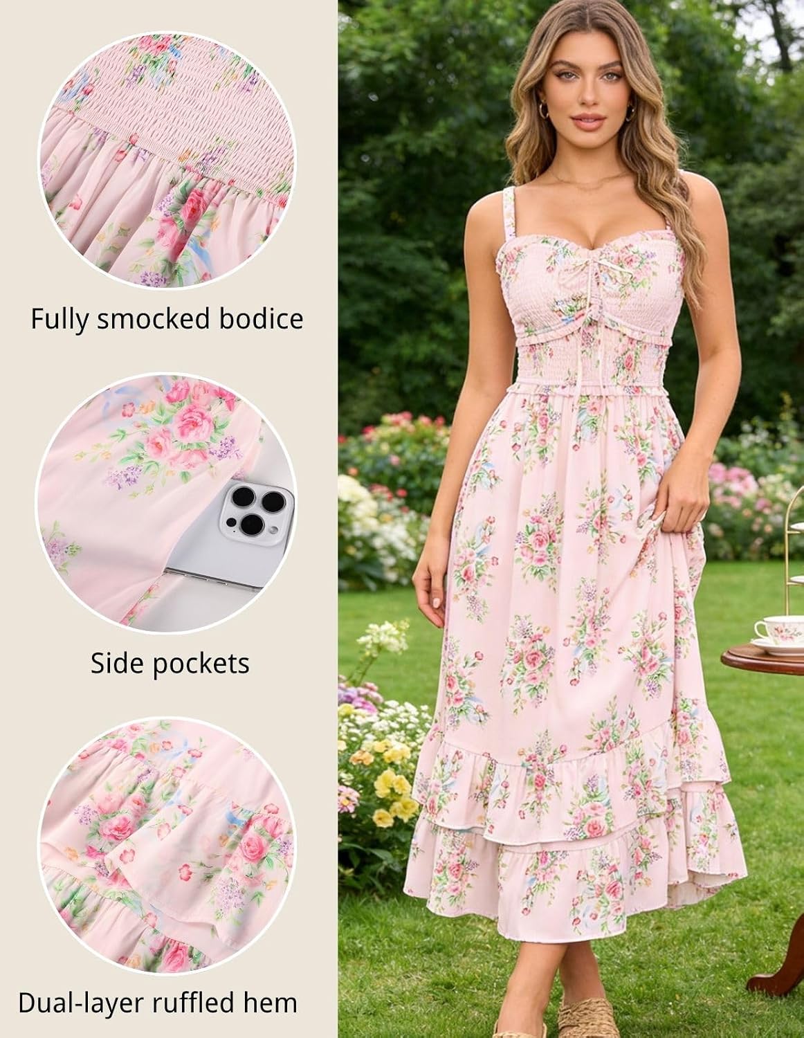 Scarlet Darkness Women's Floral Dress Smocked Sundress with Pockets image 4