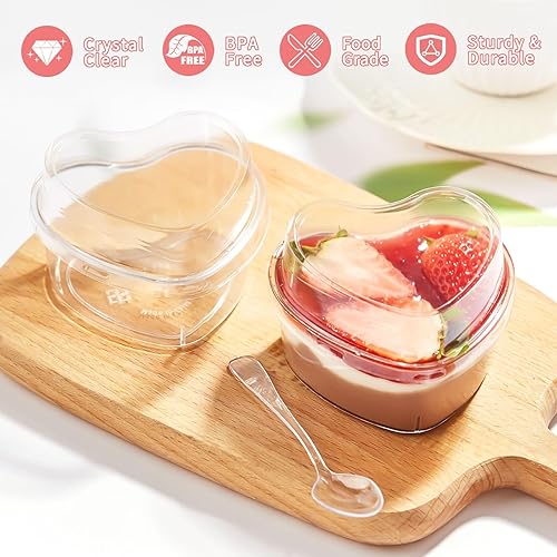 Miniatura 3 de Qeirudu Paquete de 50 tazas de postre en forma de corazón de 5 onzas con tapas y cucharas, mini tazas de plástico para parfait para fiestas, bodas,