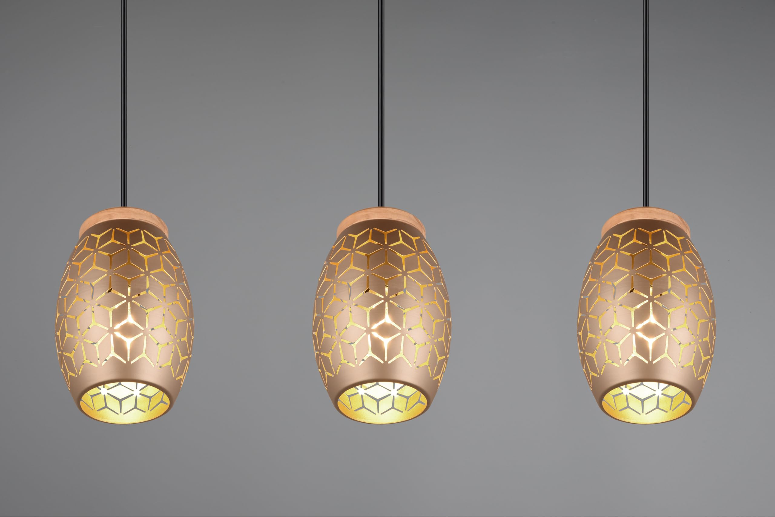 Reality Leuchten Pendelleuchte Bidar R31573065, Metall Coffee/Goldfarbig, Holz naturbelassen, exkl. 3x E27
