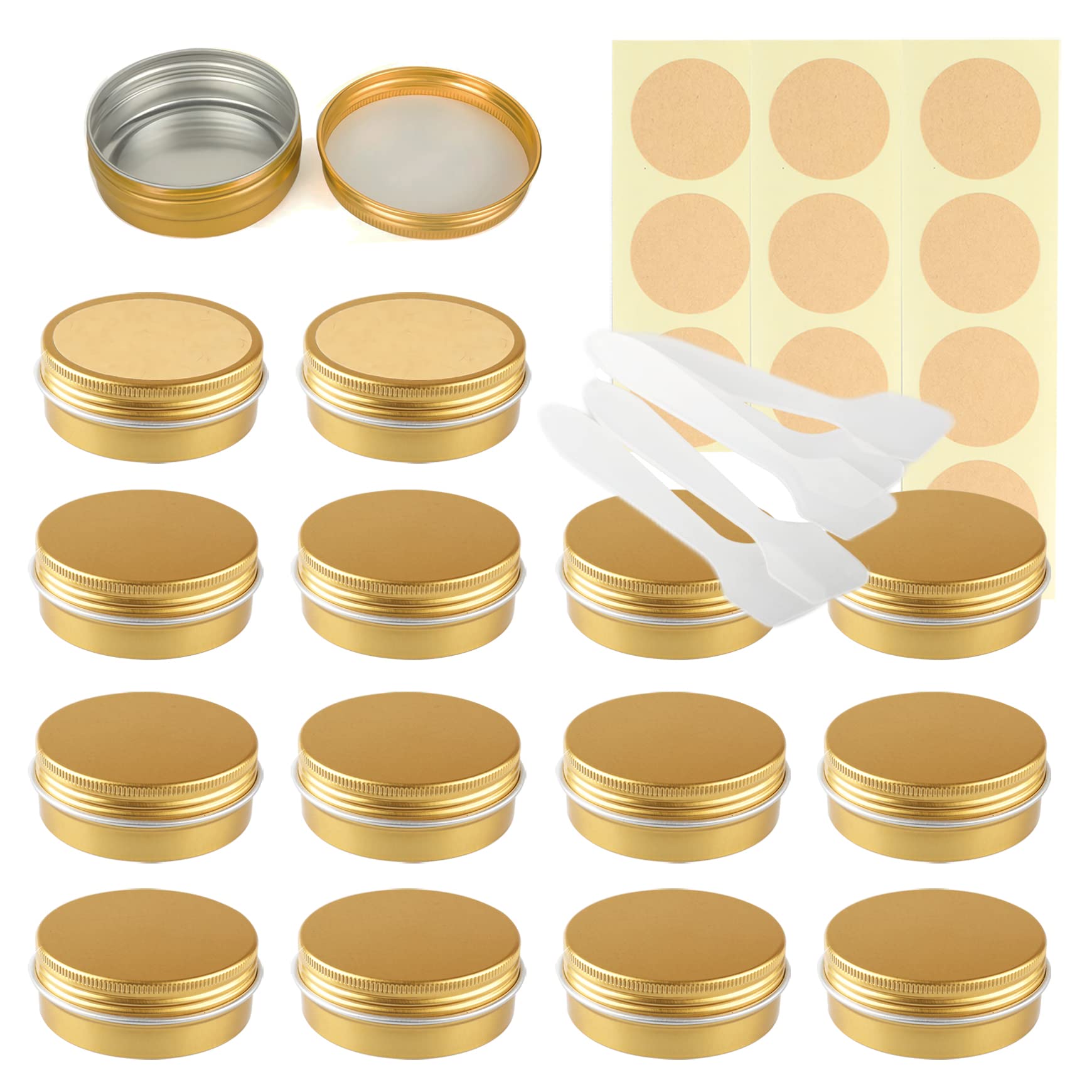 LusDoly Pack of 50 Empty 60ml Gold Aluminium Tins with Lids - Ø68x25mm Round Aluminum Screw Pots Travel Round Cosmetic Cream Container Jars for Candle Lip Balm, Salve with Spatulas & Labels