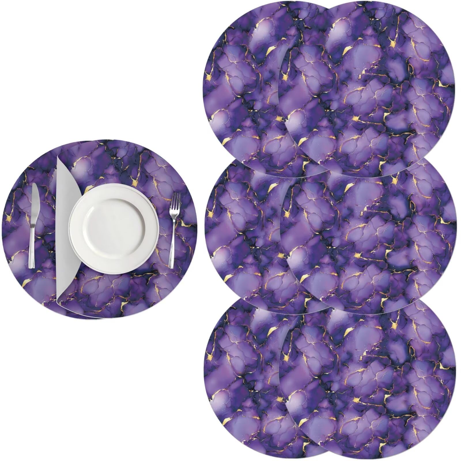 Generic Purple Marble Circle Placemats Set of 6 Washable Lavender Kitchen Table Placemats with Non-Slip Bottom Faux Leather Table Mats for Fall Autumn Home Decorations โ image 1