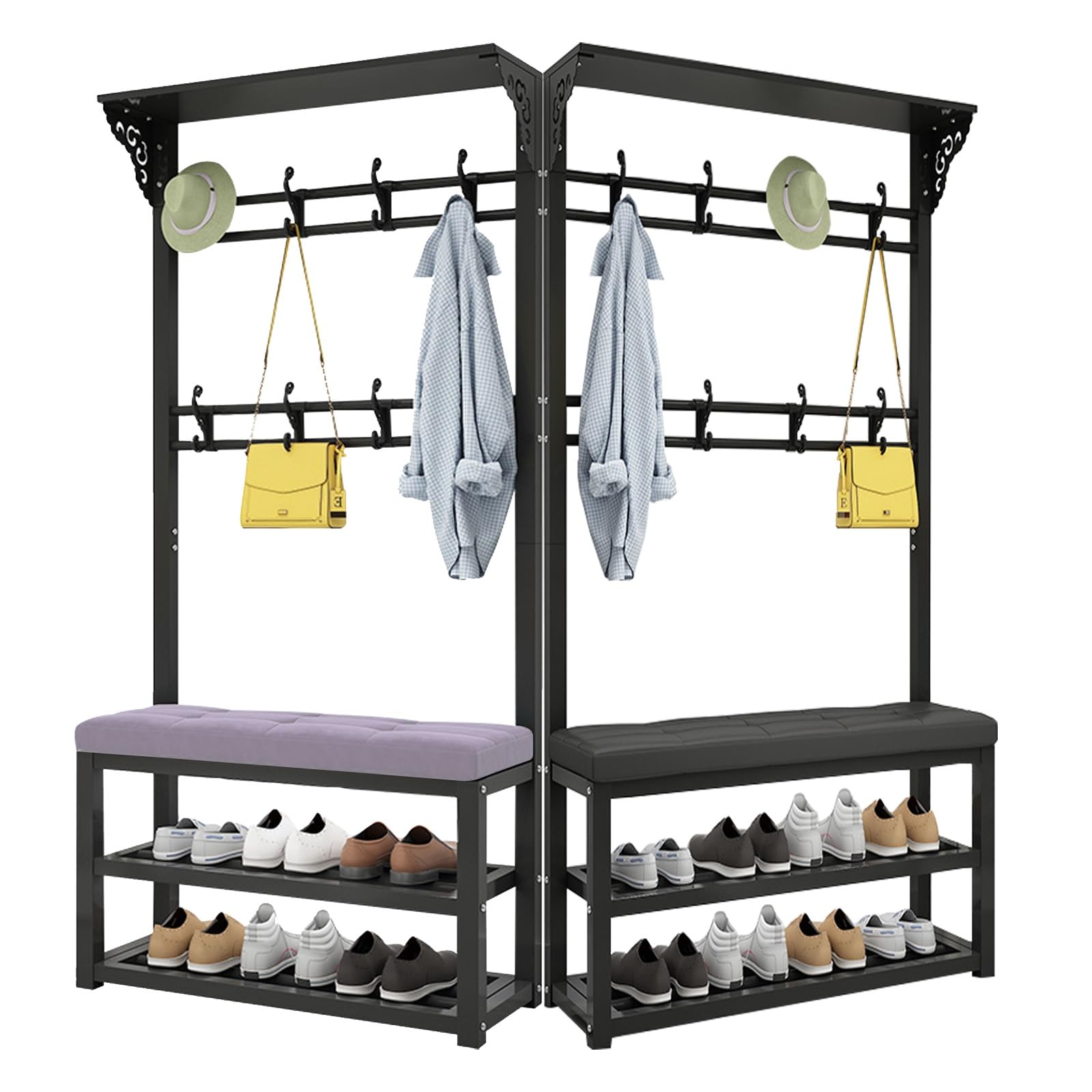 GHFXSCV Multifunctal Entryway Bench & Coat Rack with 2-Tier Sto Shelf, Mudroom nizer, Space-Saving Fur for Hallway, Black (80x30x172cm)