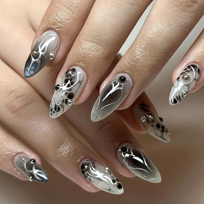 Y2K Goth Nails: 🖤  Medium Almond Press-Ons | Punk & Butterfly Design