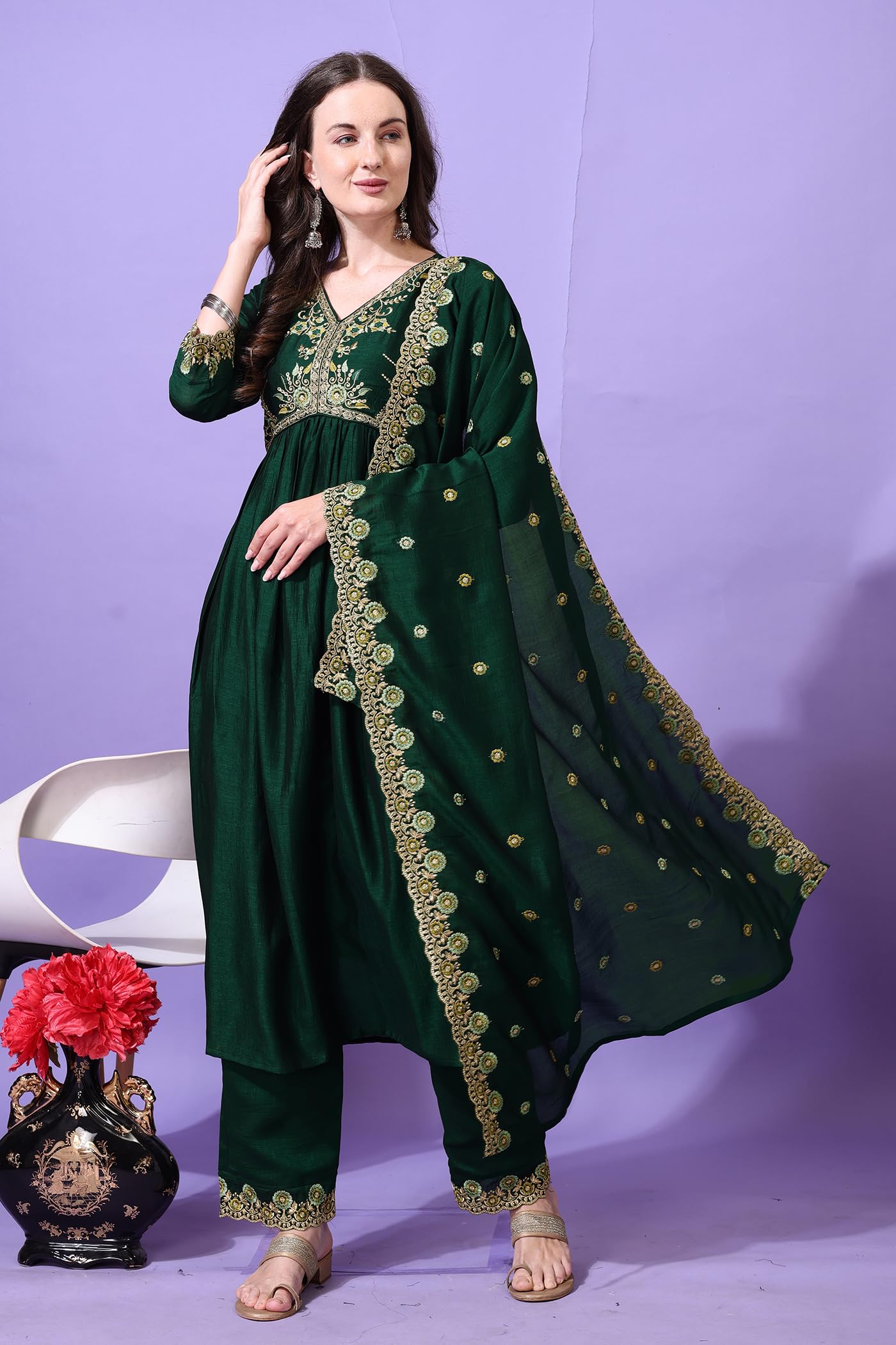 Pratham Blue Women's Silk Embroidered Regular Kurta Sets (Bkp-1016-Xxl_Green