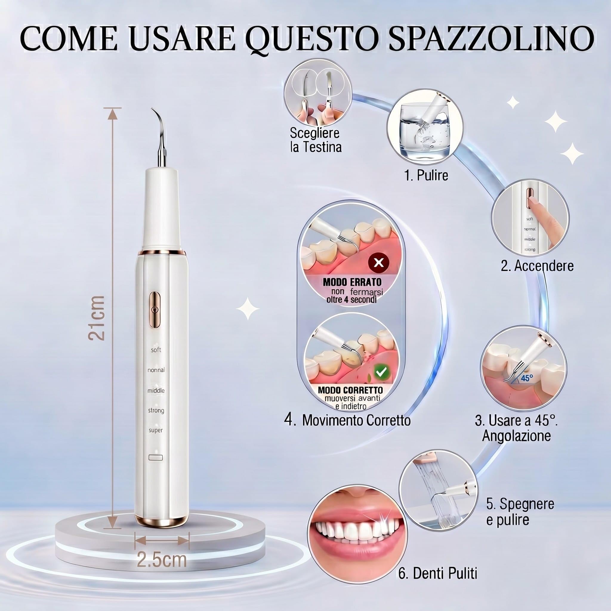 Kit Pulizia Denti Tartaro，Spazzolino Elettrico Ultrasuoni Intelligente con 5 Modalità Per Rimozione Placca e Macchie con 5 Testine Intercambiabili e Luci LED per Pulizia Tartaro Uso Quotidiano a Casa
