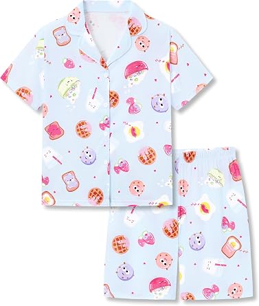 Topgal Girls Pajamas Cute Graphic Prints 2PC Button Up PJs Sizes 6-18 | Short Sleeve Set, Lapel Collar, Elastic Waist Shorts, Sleepover Wear, Daily Loungewear, Little & Big, Tween Girls, Sizes 6-18