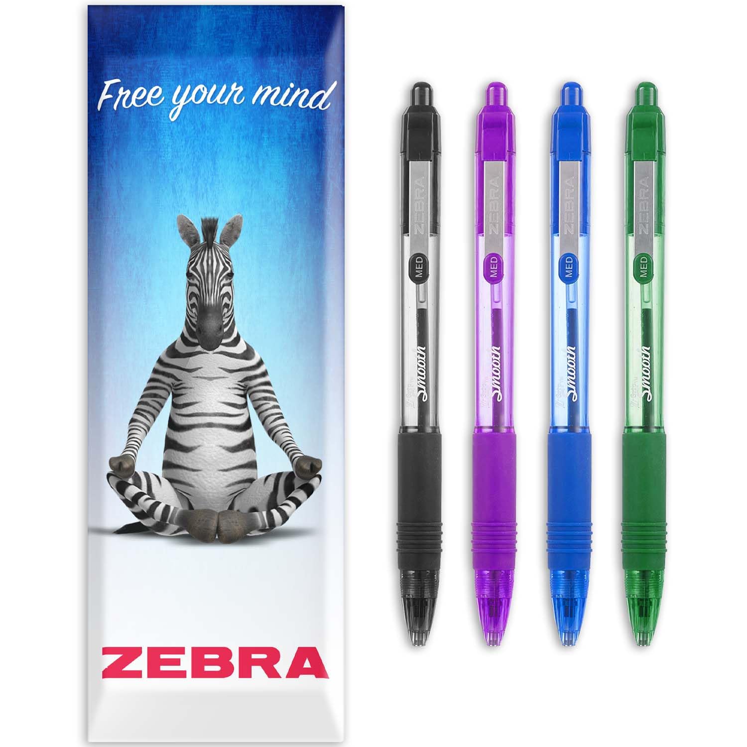Zebra Z-Grip Smooth Ink Retractable Ballpoint Pen - 1.0mm Nib - Pack of 4 Pens - In Envelope Gift Packaging (Black, Violet, Blue, Green) — image 1