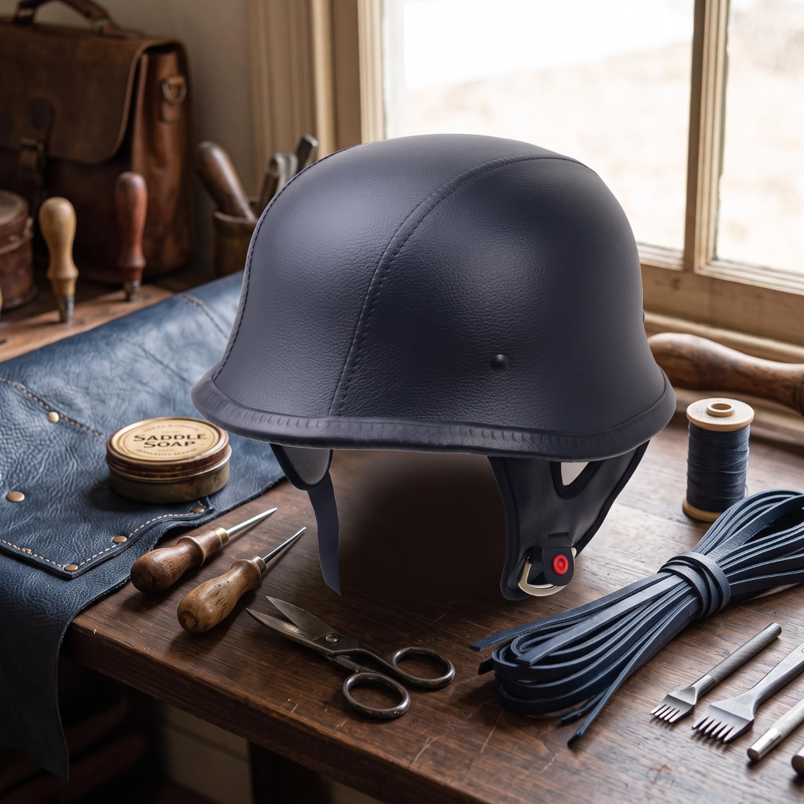 LOVIVER Casco Media Cabeza con Revestimiento Imitación Piel y Bor Inferior para Recorridos Tranquilos y Rutas s Sencillas, Cuero Negro, M
