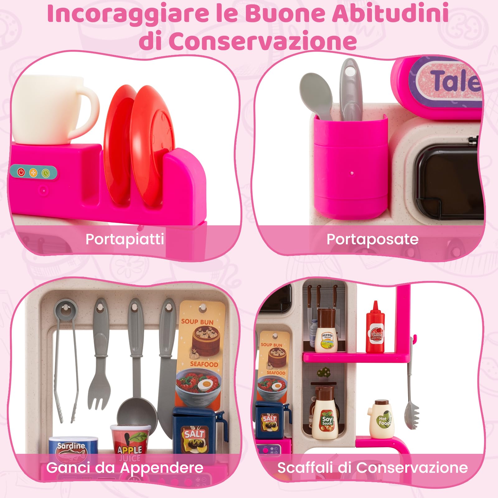RELAX4LIFE Cucina Giocattolo per Bambini, Effetti Sonori e Luminosi, Cucina in Legno con Sistema di Circolazione dell'Acqua, Frigorifero, Forno e Cestino, Set Cucina Giochi per 3+ Anni (Rosa)