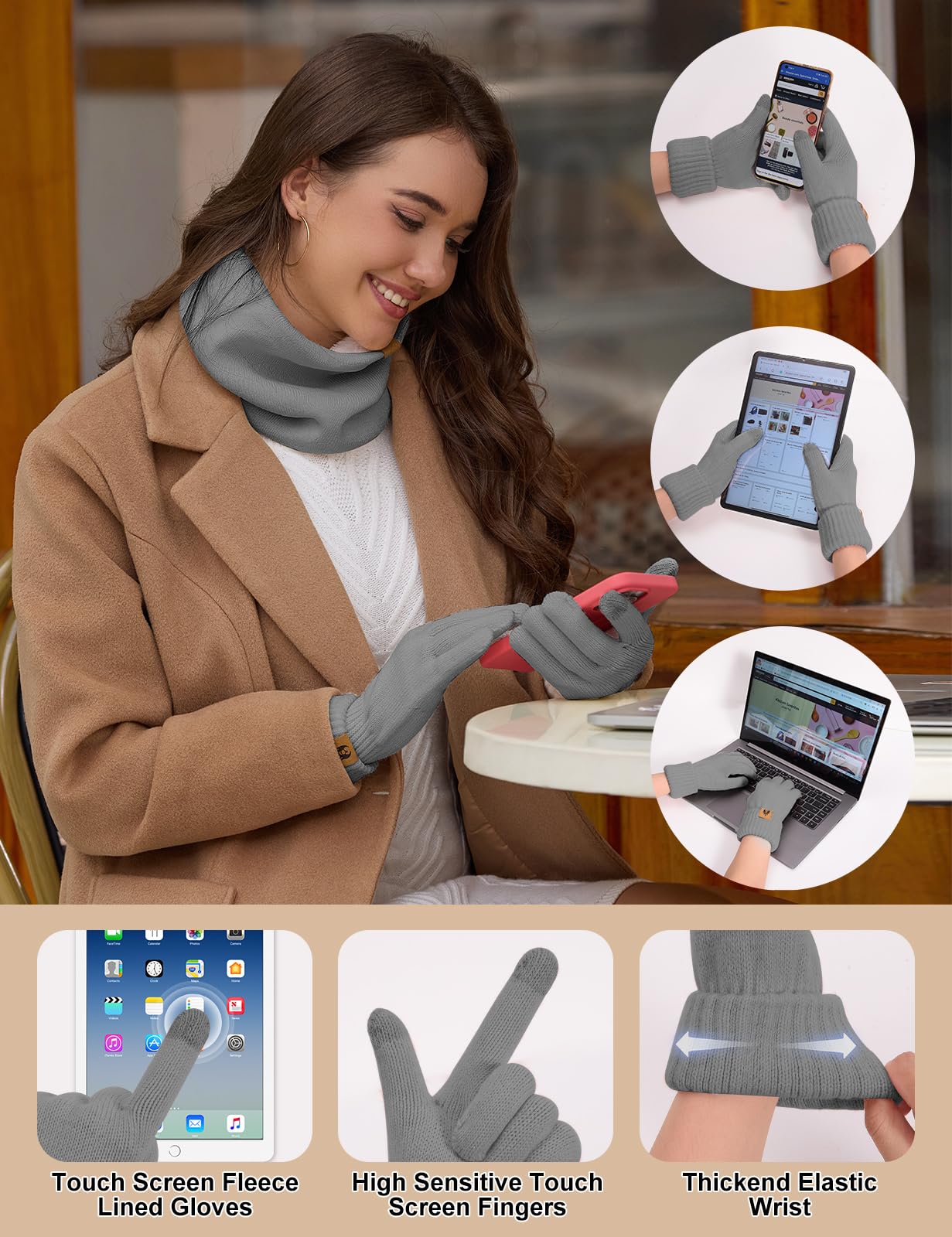 UMIPUBO Ensemble Bonnet Echarpe Gant Tricotés 5 en 1, Chaud Hiver Bonnet Chapeau Beanie Foulards Gant d'Écran Tactile Cache Oreille Chaussettes Femme Avec Double Polaire Ski d' Hiver