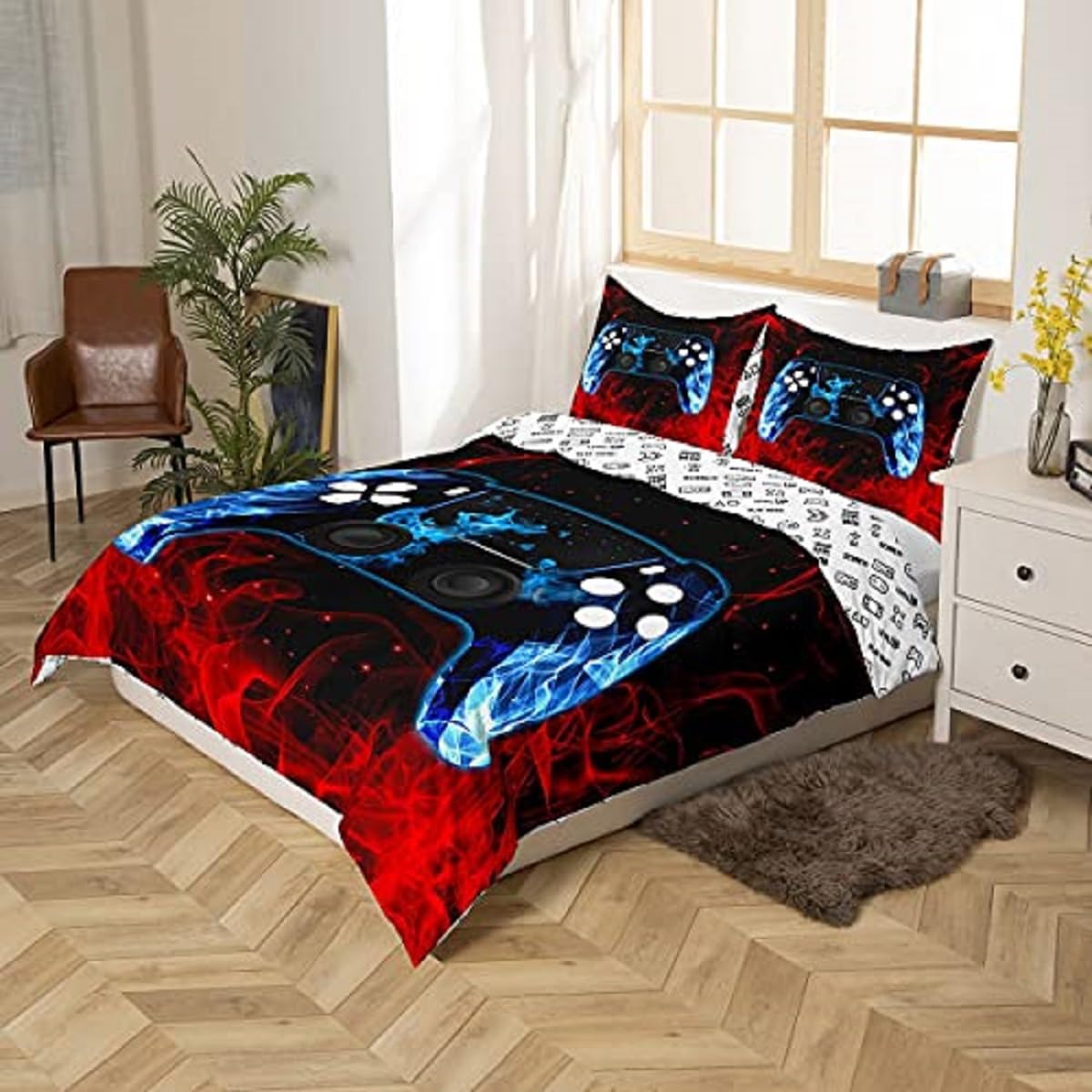 Zestaw poszewek na kołdrę 240 x 260 cm, zestaw do łóżeczka dla 2-osobowego kontrolera gier, niebieski, czerwony płomień, 3-częściowy zestaw pościeli z 2 poszewkami na poduszkę 50 x 75 cm, dziewczęca