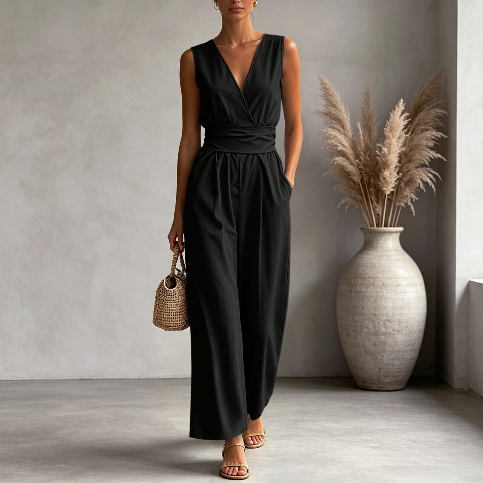 Salopette da Donna Pantalone Lungo da Lavoro Estivi Senza Maniche con Grandi Tasche Scollo a V Elegante Tuta Lang Tutina Jumpsuit Gamba Allentata Vita Alta Aderente Gamba Larga Spiaggia Vacanza Outfit