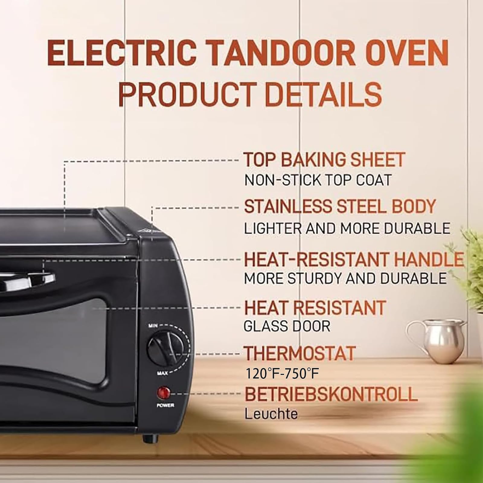 Elektryczny piekarnik Tandoor, mini piekarnik 15 l z regulacją temperatury (48.9 °C-398.9 °C), idealny do robienia roti, chapati, pizzy i naan