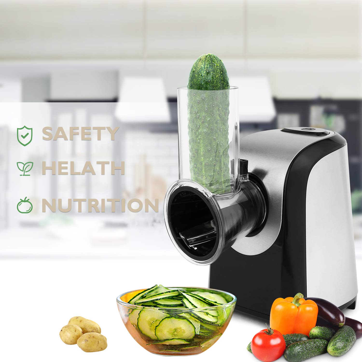 Homdox - Rallador eléctrico de queso, 5 en 1, trituradora eléctrica profesional de 150 W, rallador de queso, con control de un solo toque, para uso en la cocina del hogar, máquina de ensaladas