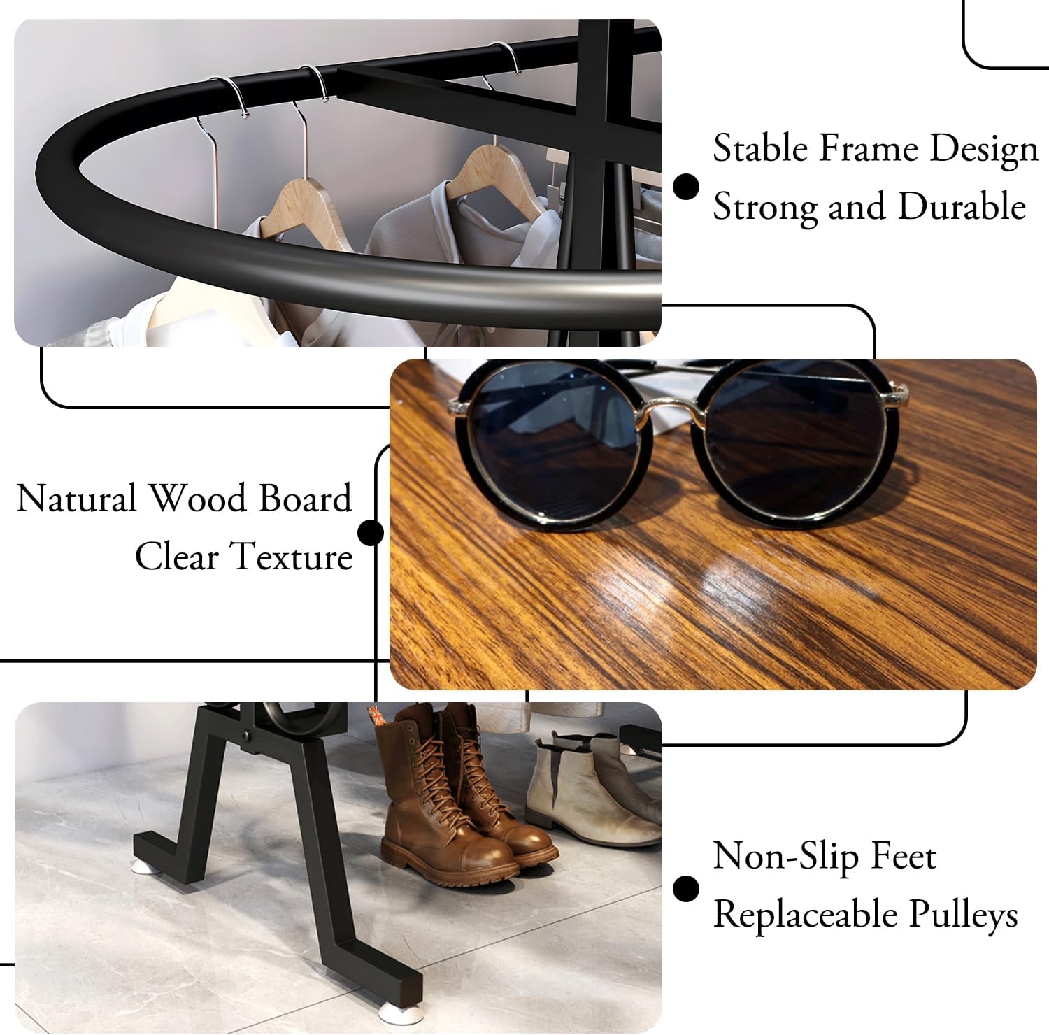 Round Clothing Rack, Round Clothing Racks for Retail, Floor Standing Metal Garment Rack w/Wheels, Large Clothing Display Rack for Hanging Clothes, for Bedrooms Boutiques Laundry Room, Black - Image 5