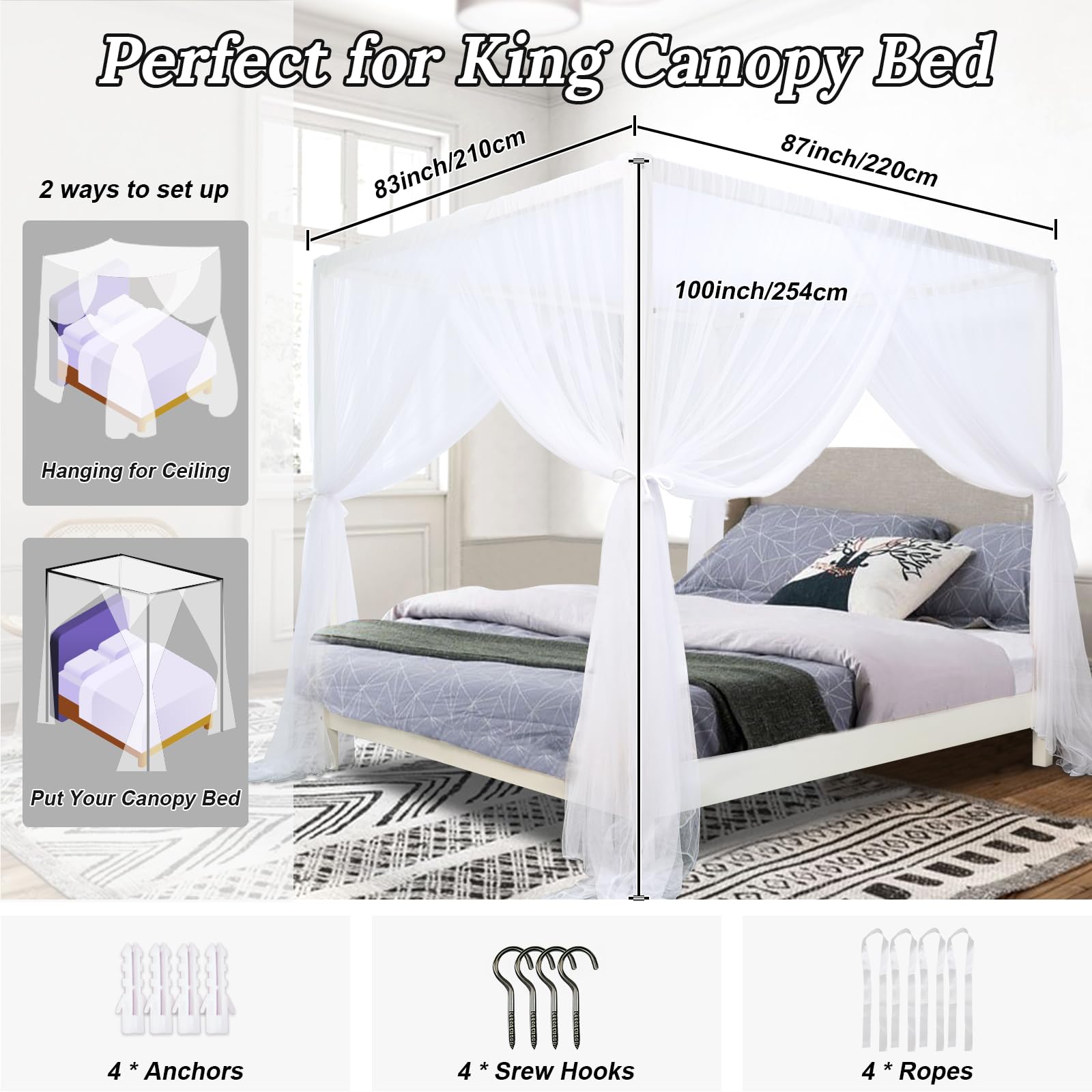 South To East Tende da letto a baldacchino a 4 angoli per adulti, zanzariera per letto, lussuose tende da letto per la decorazione della camera, in poliestere antistrappo, facili da installare