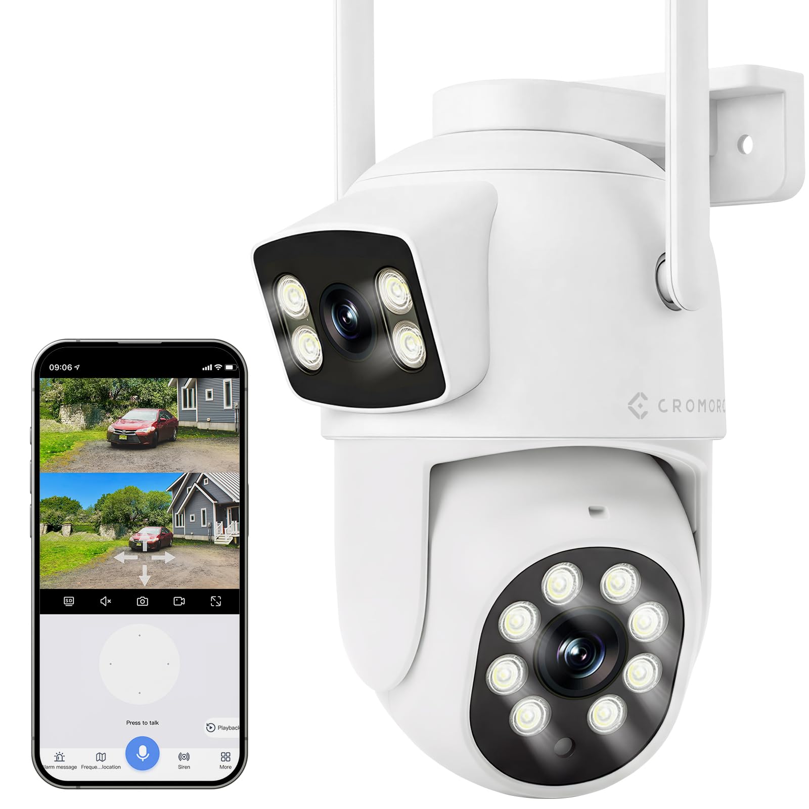 Cromorc WiFi Security Camera 4MP, Dual Lens View, Pan Tilt Fixed, Indoor Outdoor, Humanoid Motion Detection, Auto Tracking, 2-Way Audio, IP66