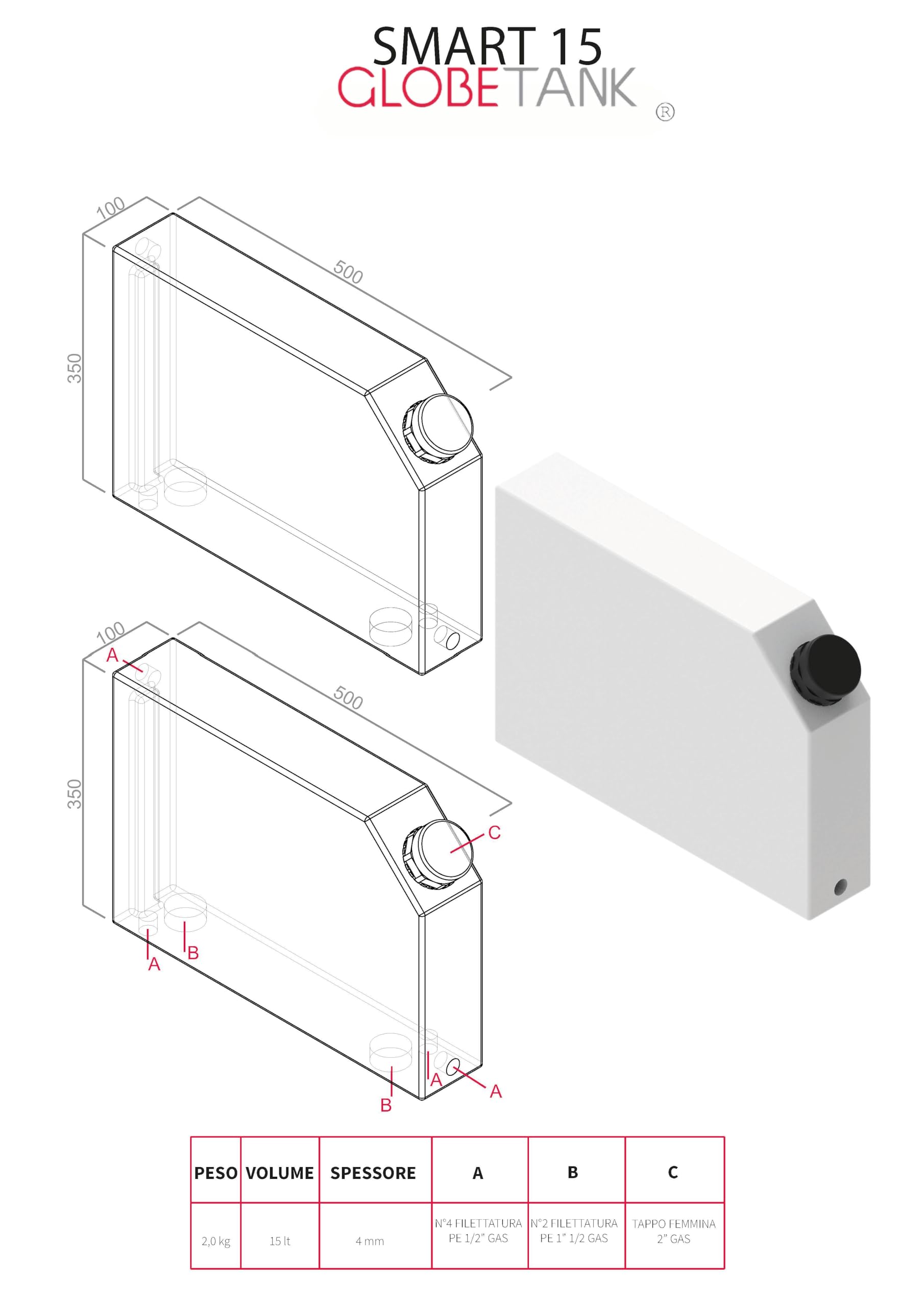 SERBATOIO SMART 15 VERTICALE RIGIDO ACQUA GLOBETANK (NEUTRO TRASLUCIDO)