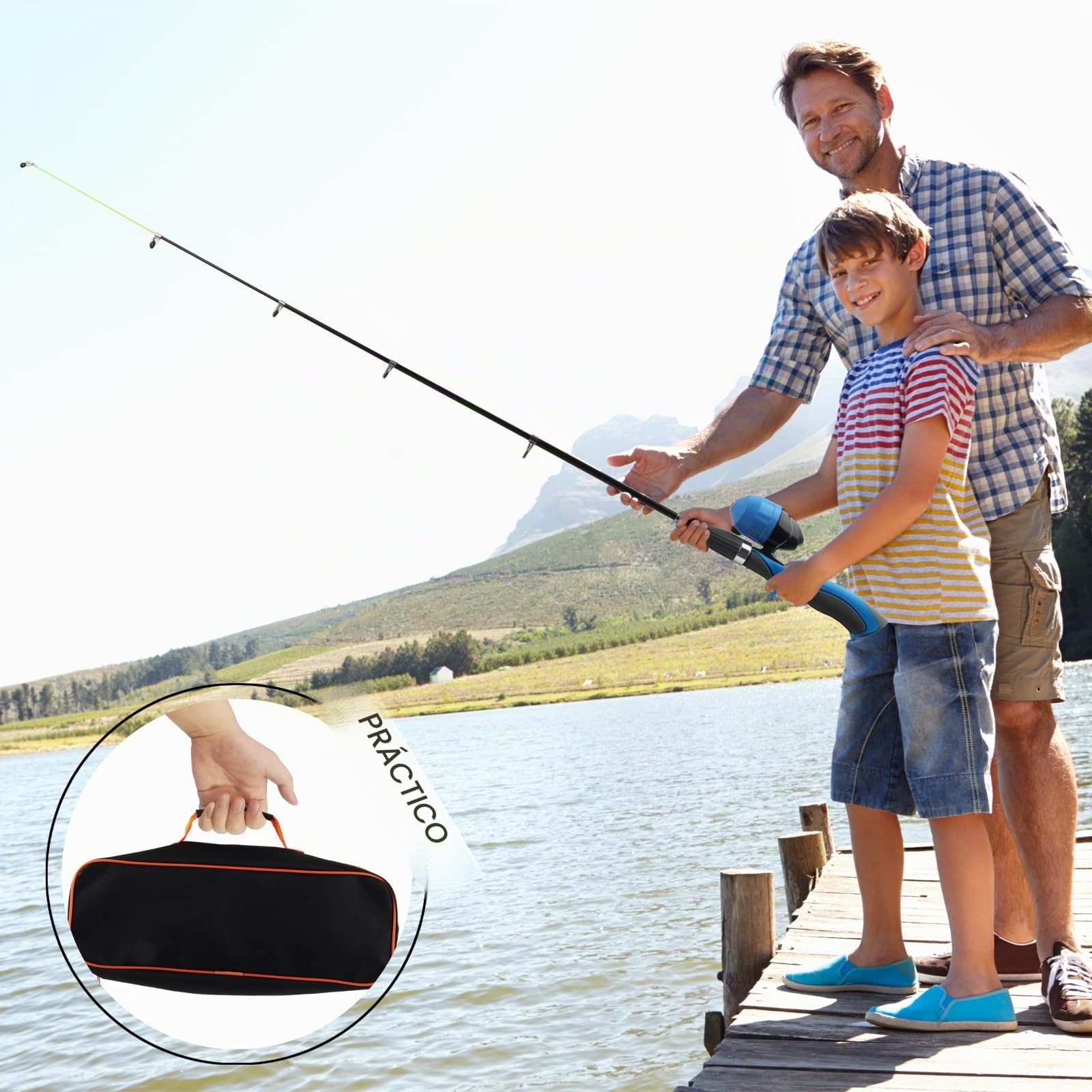 dellyy Cañas de Pescar, Juego de Pesca para Niños, Carretes de Pesca + Caña de Pescar Telescópica, Señuelos de Pesca y Accesorios, Caña de Pescar para Viaje, con Bolsa para Equipo de Pesca