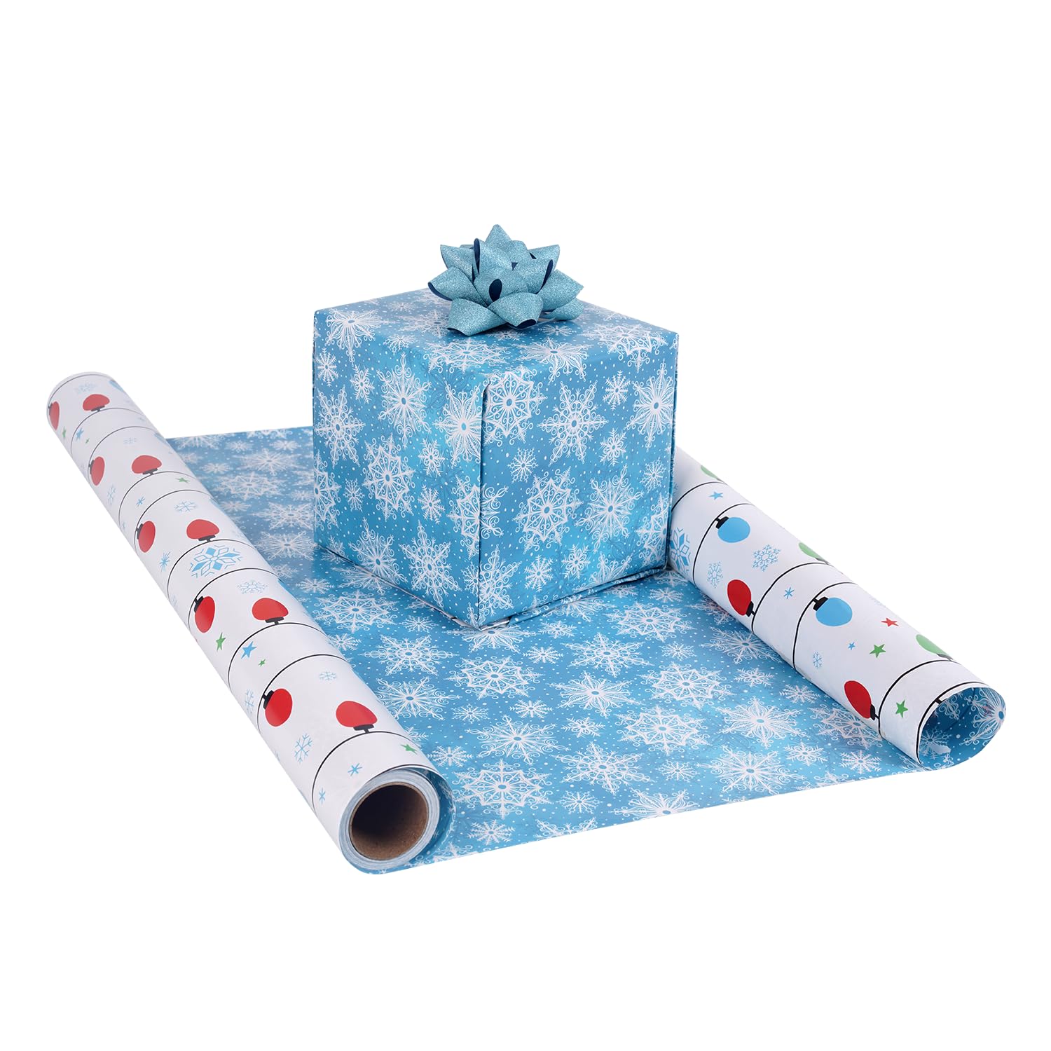 Linelglobal Mini rollo de papel de regalo de Navidad, rollo reversible de papel de regalo de dos lados, 17 x 295 pulgadas, iluminación y copos de nieve