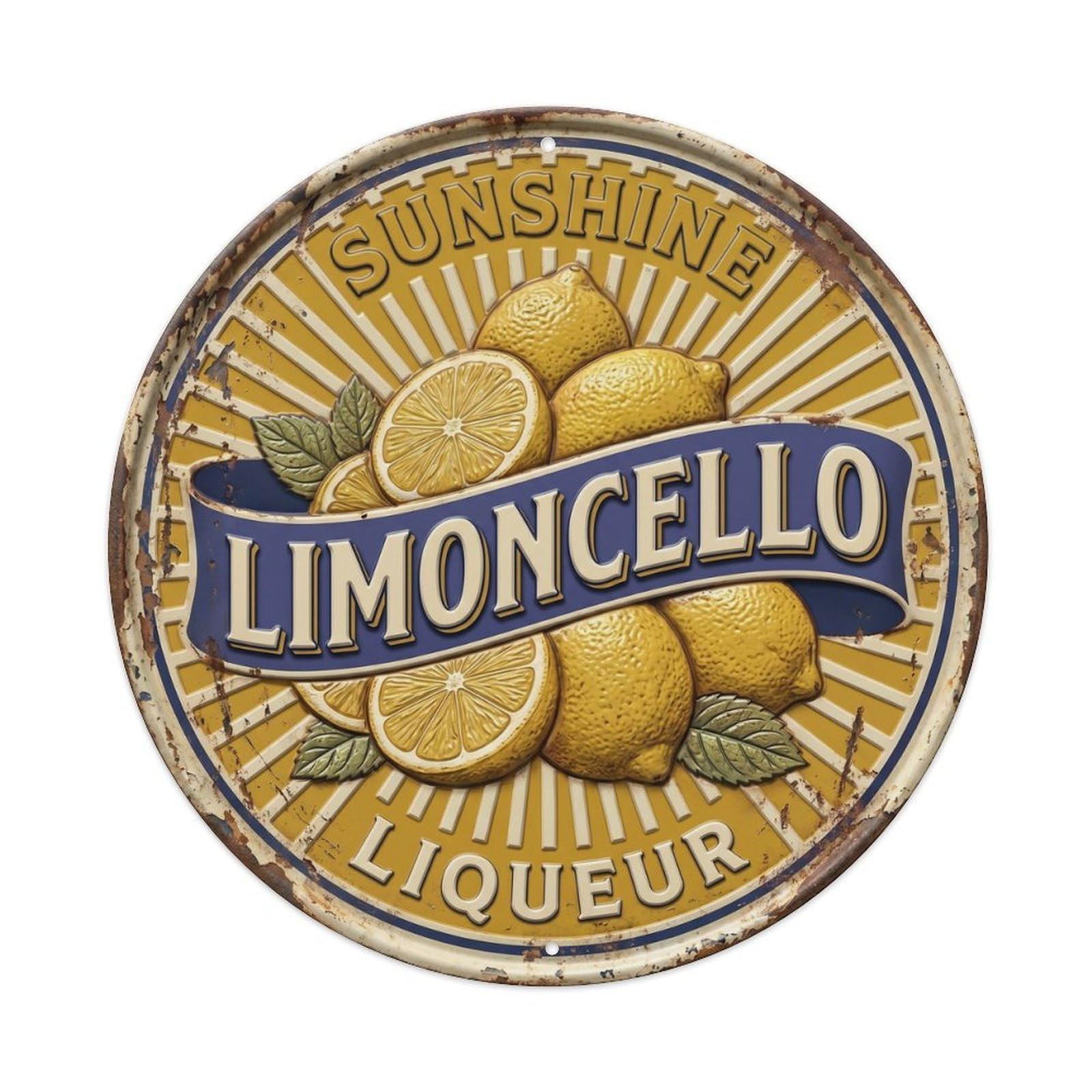 Fqcyn Style Sunshine Liqueur Limoncello Metal Tin Sign Plaque Wall Decor For Cafe, Club Bar, Office, Home Garden Round Metal Poster 8X8inch