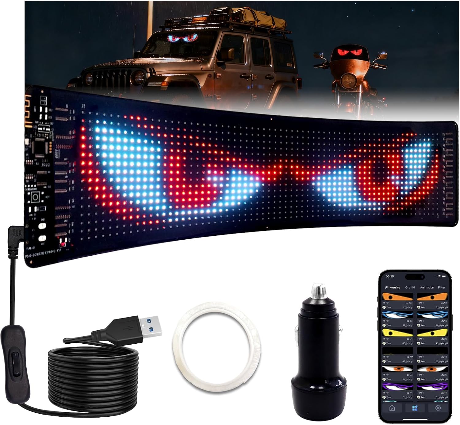 1PC Programmable RGB Devil Eyes LED for Car/Truck, 15''x4'' Flexible Animated Display with App Control, Matrix Panel Light for SUV Windshield & Interior Decorative Lighting