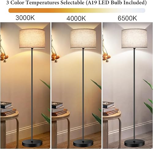 Miniatura 3 de TOBUSA Lámpara de pie de 65 pulgadas para sala de estar y dormitorio con bombilla LED 3CCT, lámpara de pie moderna con pantalla de tambor, lámpara