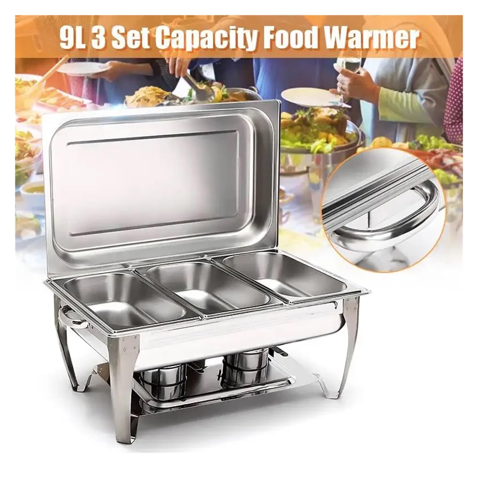 9L Plegable De Acero Inoxidable Cuadrado Hornillo For Bufé Juego Platos Contenedor Calentador Alimentos Plato Frotamiento Rectangular Completo Buffet Catering RetencióN Del Calor De Larga DuracióN