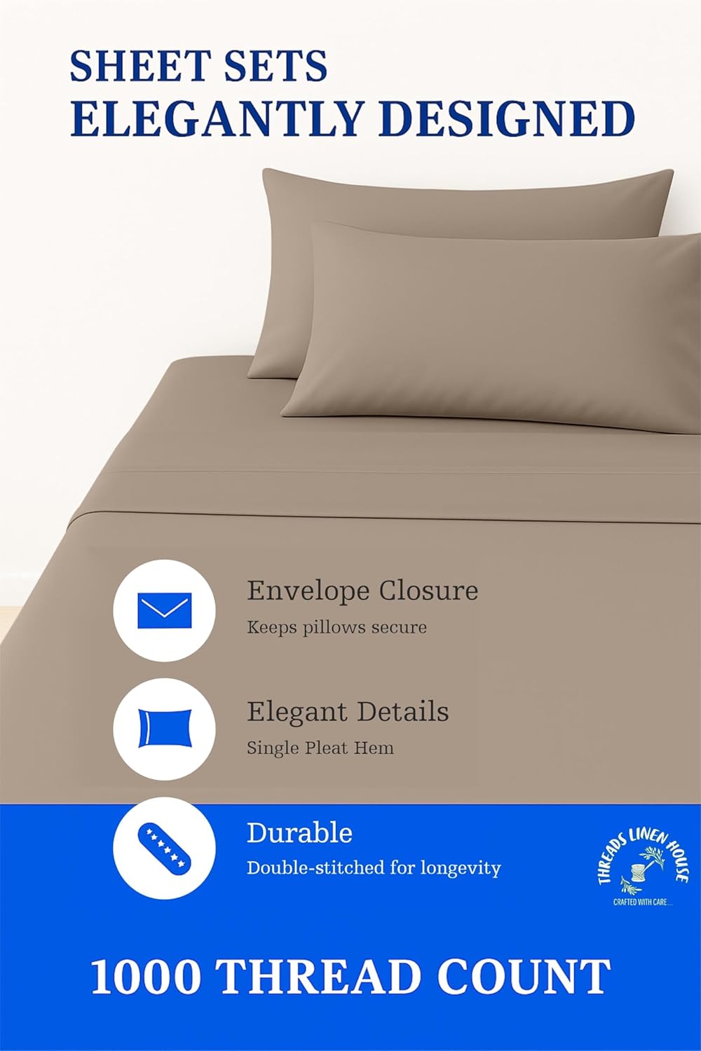Threads Linen Queen Size 1000 TC 4 Piece Sheet Set 100% Egyptian Cotton Sateen Weave Breathable & Cooling 18" Deep Pocket Hotel Bedding Bed Sheets - 1 Flat, 1 Fitted Sheet & 2 Pillowcases (Taupe)