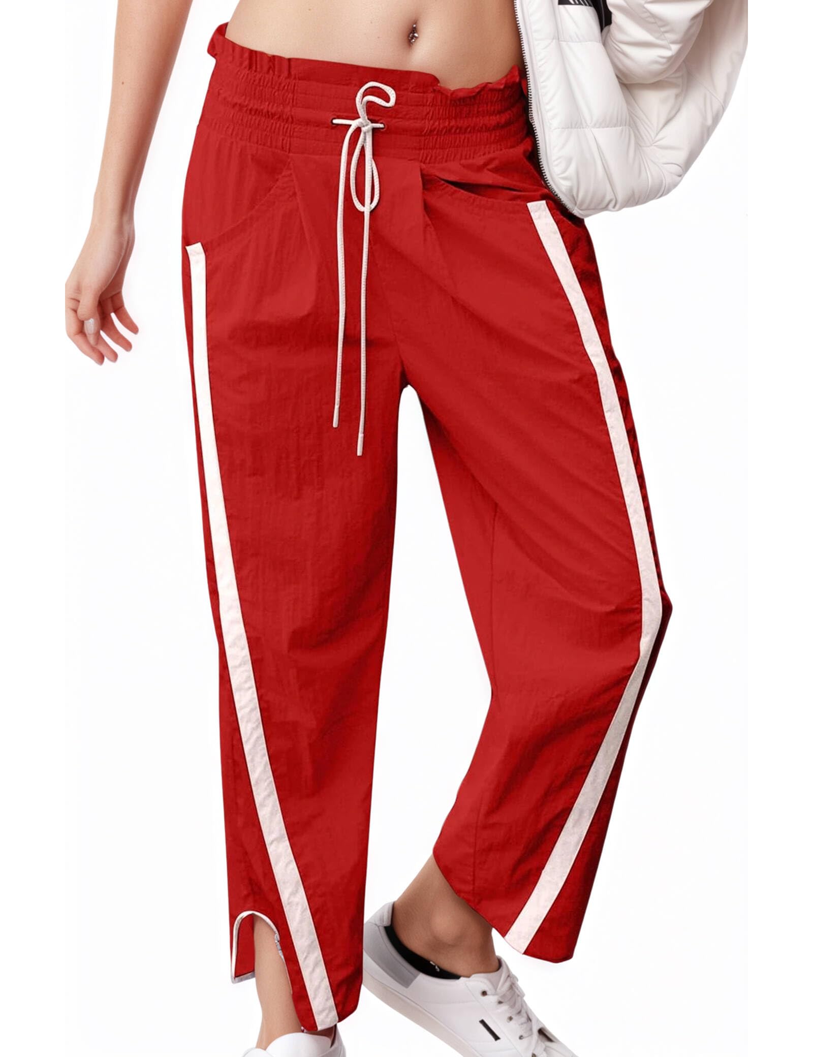 Womens Baggy Wide Leg Sweatpants Y2K Track Pants-High Elastic Drawstring Waist Joggers with Contrast Trim