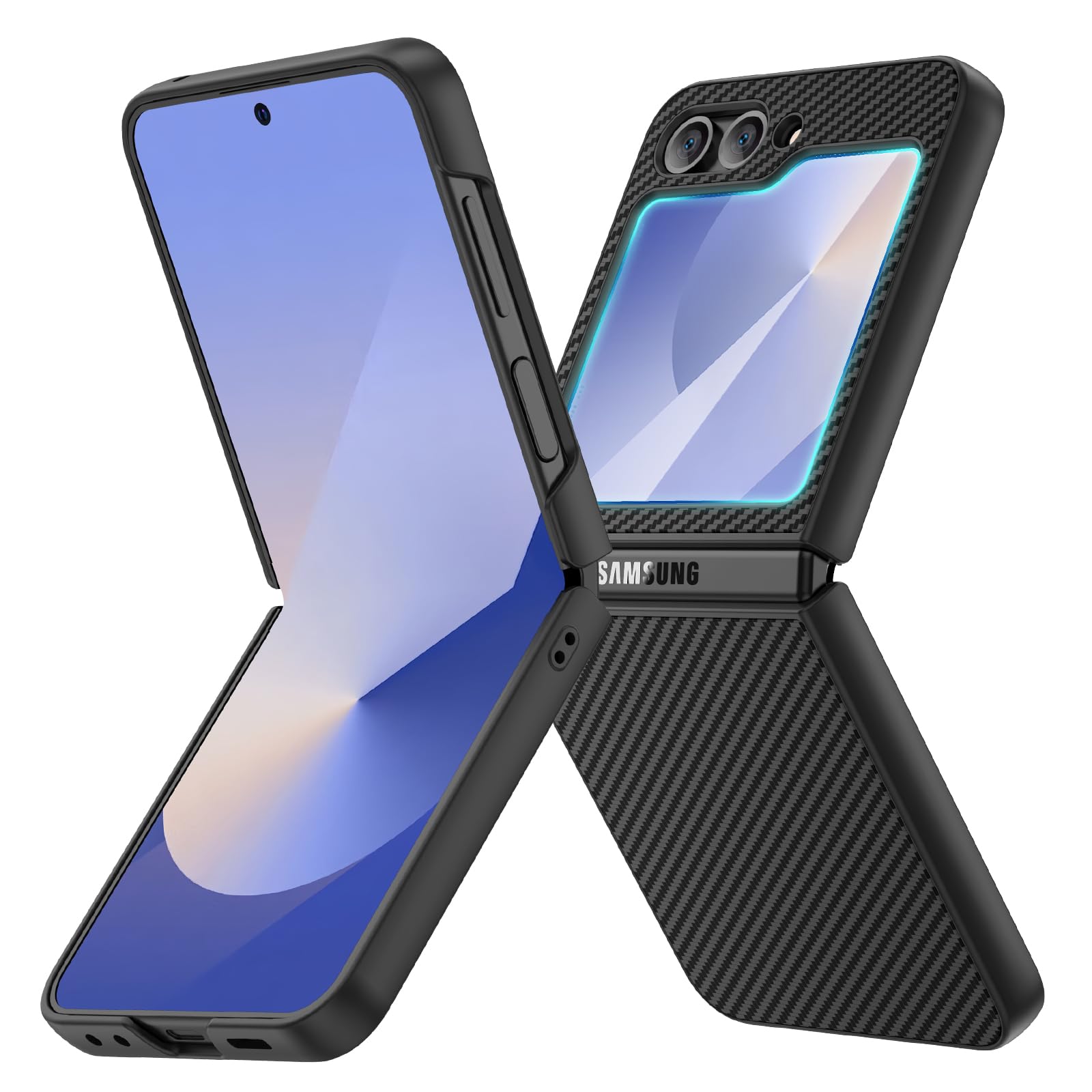 Ruky for Z Flip 6 Case, with Built-in Back Screen Protector, Carbon Fiber | Support Wireless Charging, Anti-Scratches Shockproof Hard PC Ultra-Thin Phone Case for Samsung Galaxy Z Flip 6, Carbon Fiber