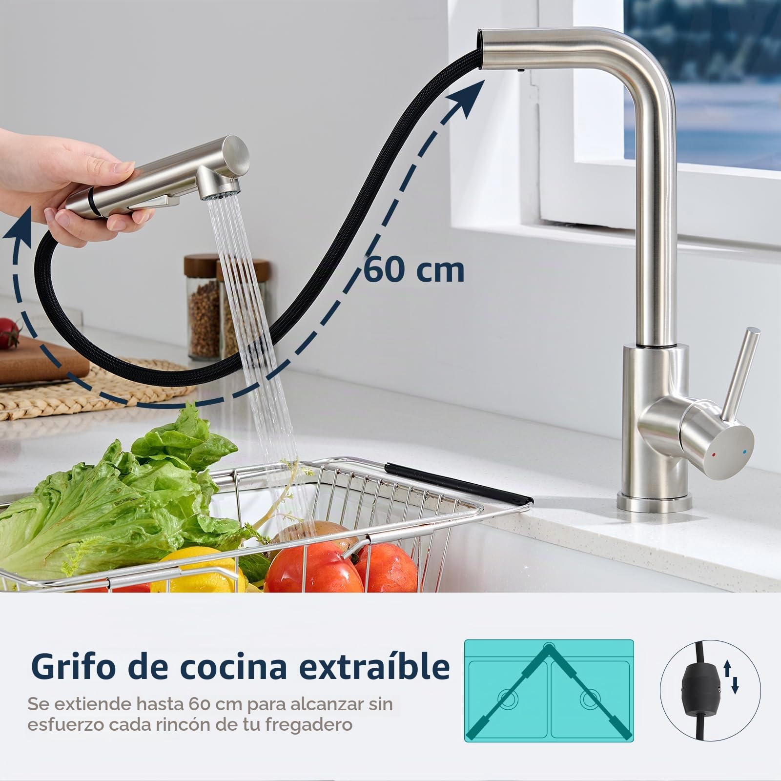 Grifo Cocina Extraible, Grifos Cocina Fregadero Mezclador Monomando con Ducha 2 Modos de Ajuste, Grifo Extensible Acero Inoxidable Cepillado de Giratorio a 360°, Agua Fría y Caliente