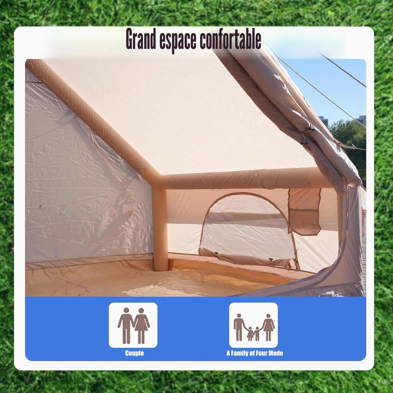 Tente gonflable pour camping avec pompe, tente de glamping d'air, installation facile, imperméable de 3 x 2,1 m, cabine Oxford pour 2 à 4 personnes avec fenêtre en maille.