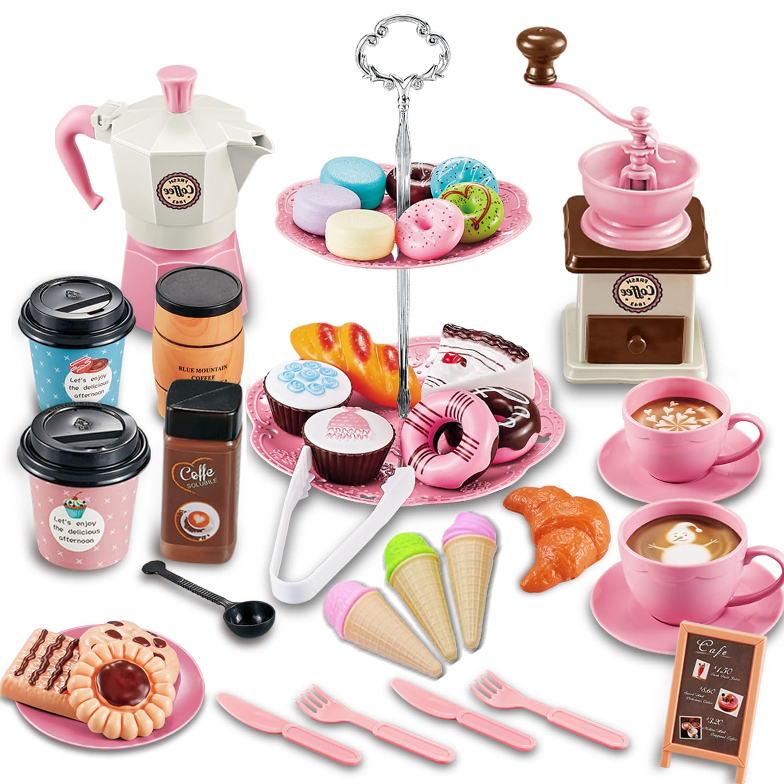 Juego de fiesta de té de simulación para niñas pequeñas, juego de cafetera de 41 piezas y juego de postres de comida para niños de 3, 4, 5, 6, 7, 8, 9 (rosa)