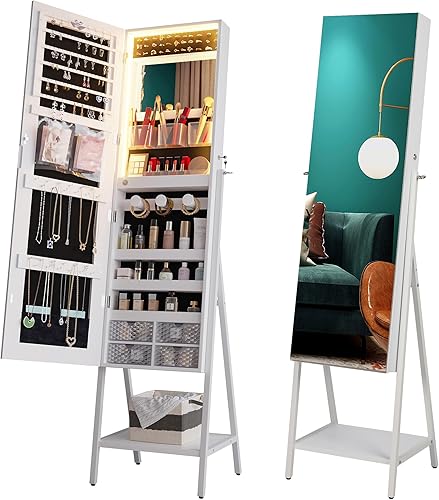 Gabinete de joyería con espejo LED, organizador de joyas con cerradura con espejo de longitud completa, armario de joyería con espejo de pie con