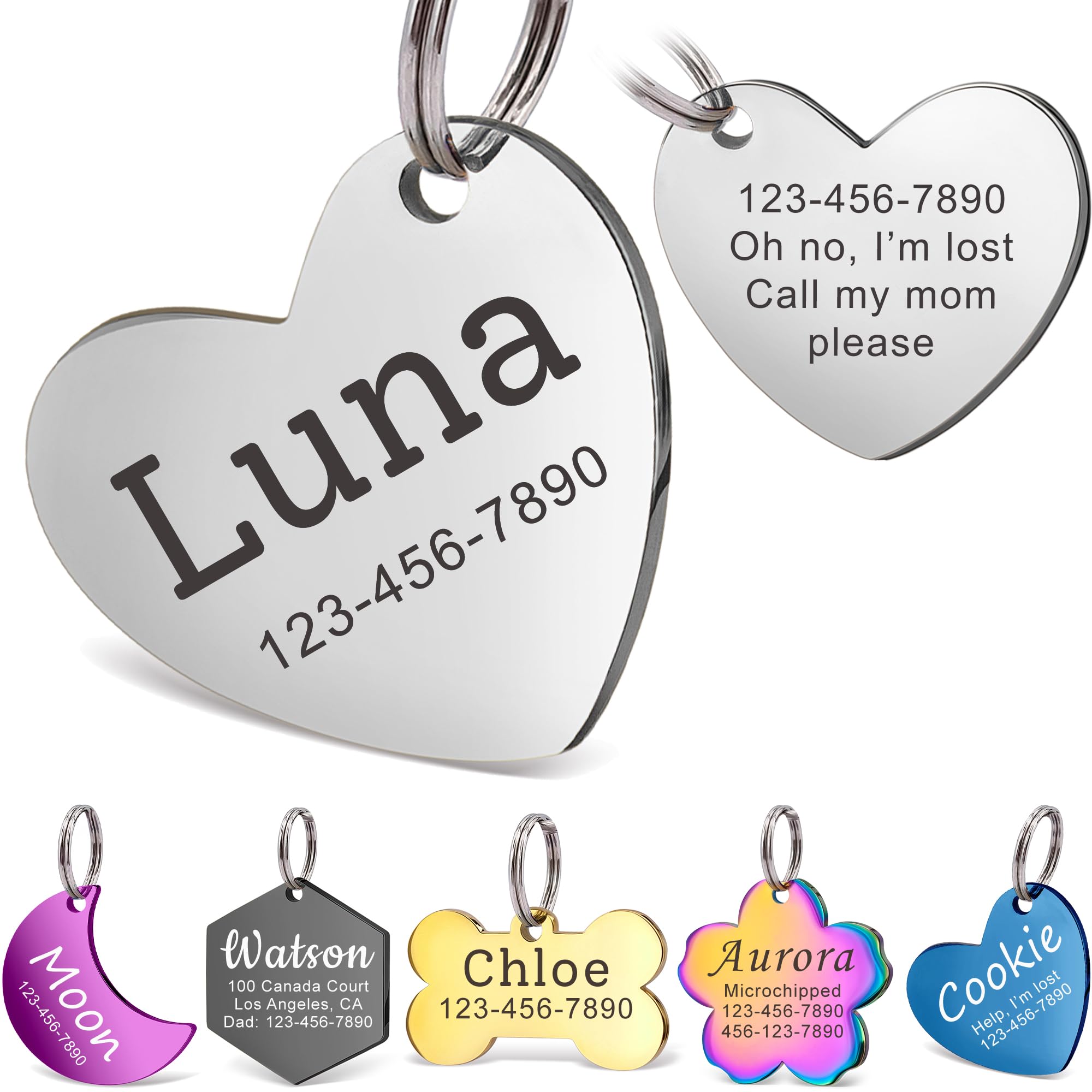 Anavia Personalized Pet ID Tags, Stainless Steel Glossy Laser Engraved Dog Cat Collar Name Tags, Multiple Colors Shapes Sizes (Tilted Heart, Small)