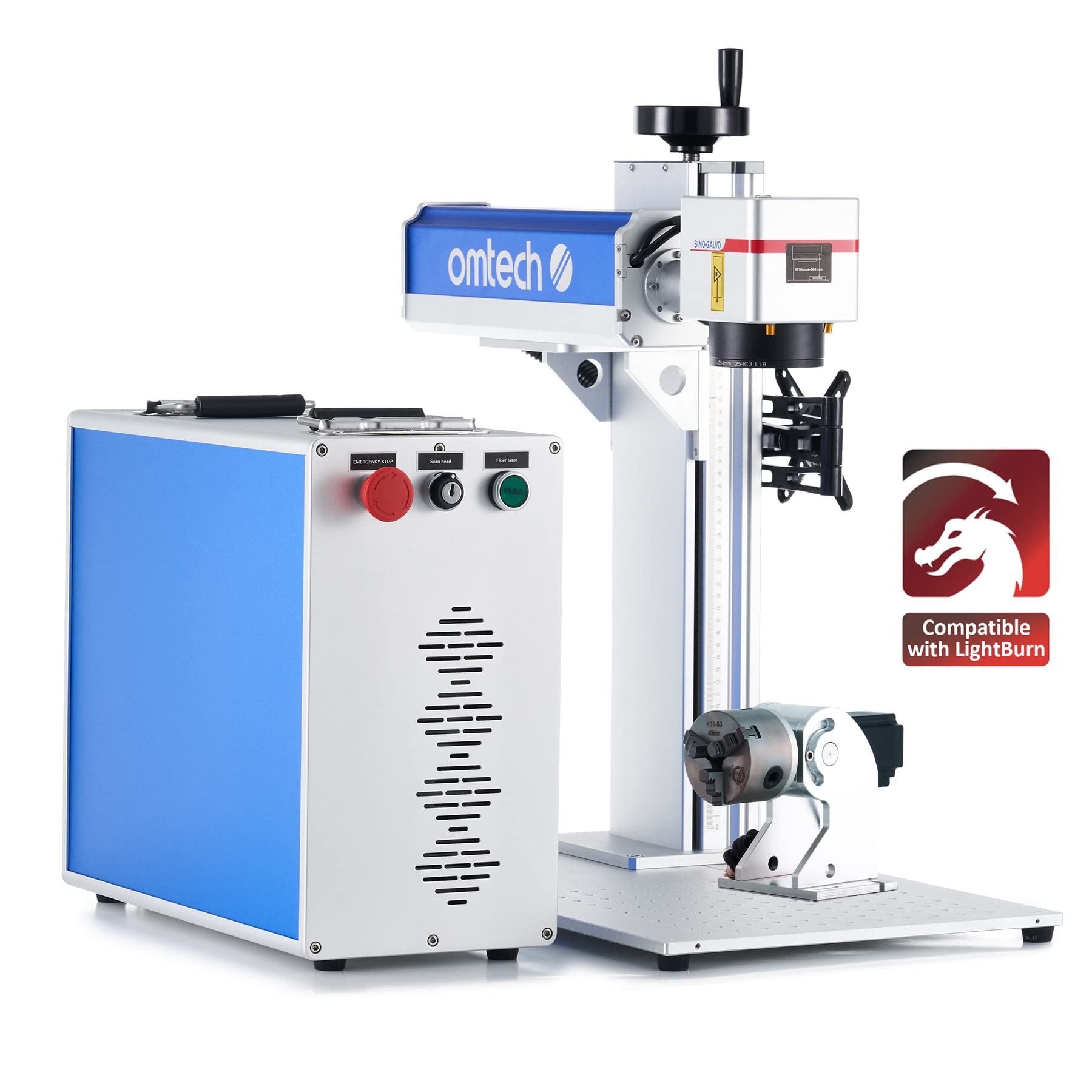 OMTech30W Fiber Laser Engraver with Rotary Axis, LightBurn Compatible Laser Engraving Machine with Red Dot Pointer, 6.9x6.9 Solid State Laser Marking Etching Machine for Metal Steel Gold Jewelry More