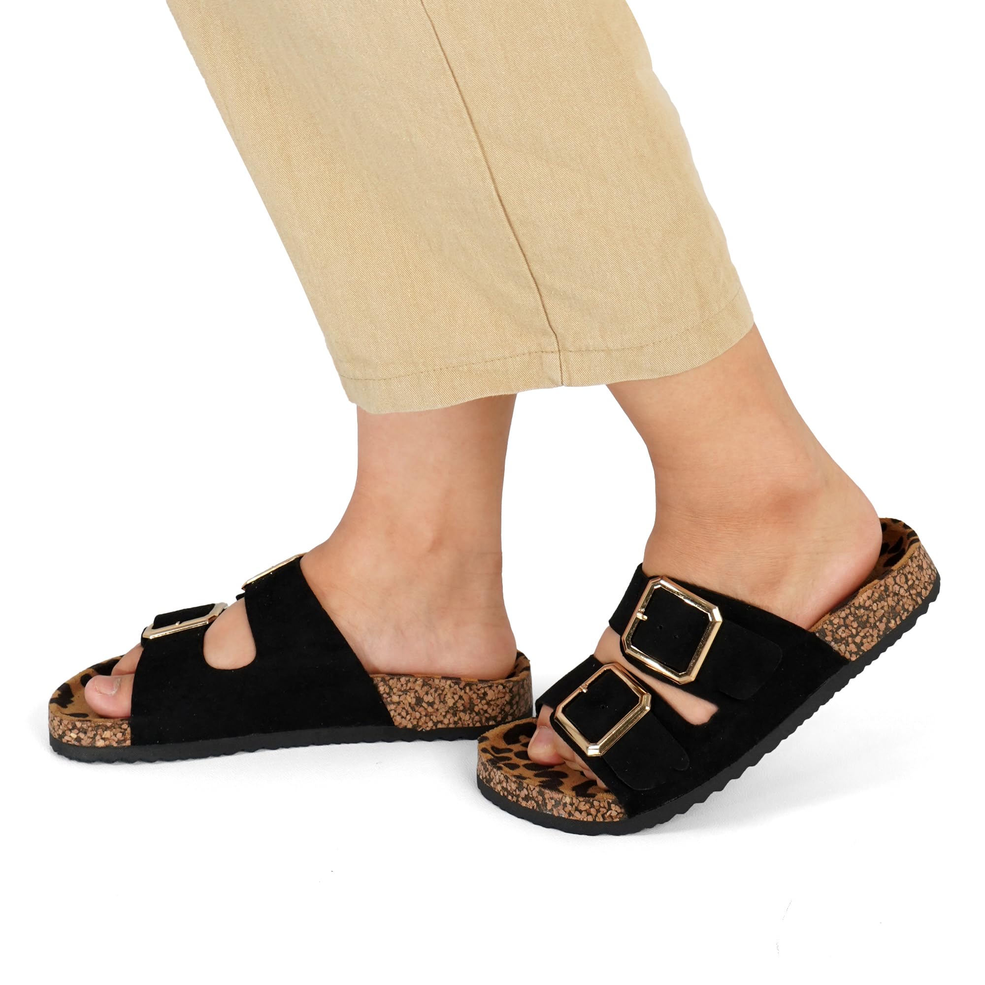 JOMIX Sandalias para Mujer con Dos Hebillas Suela de Corcho y Estampado de Leopardo Chanclas Cómodas para Playa