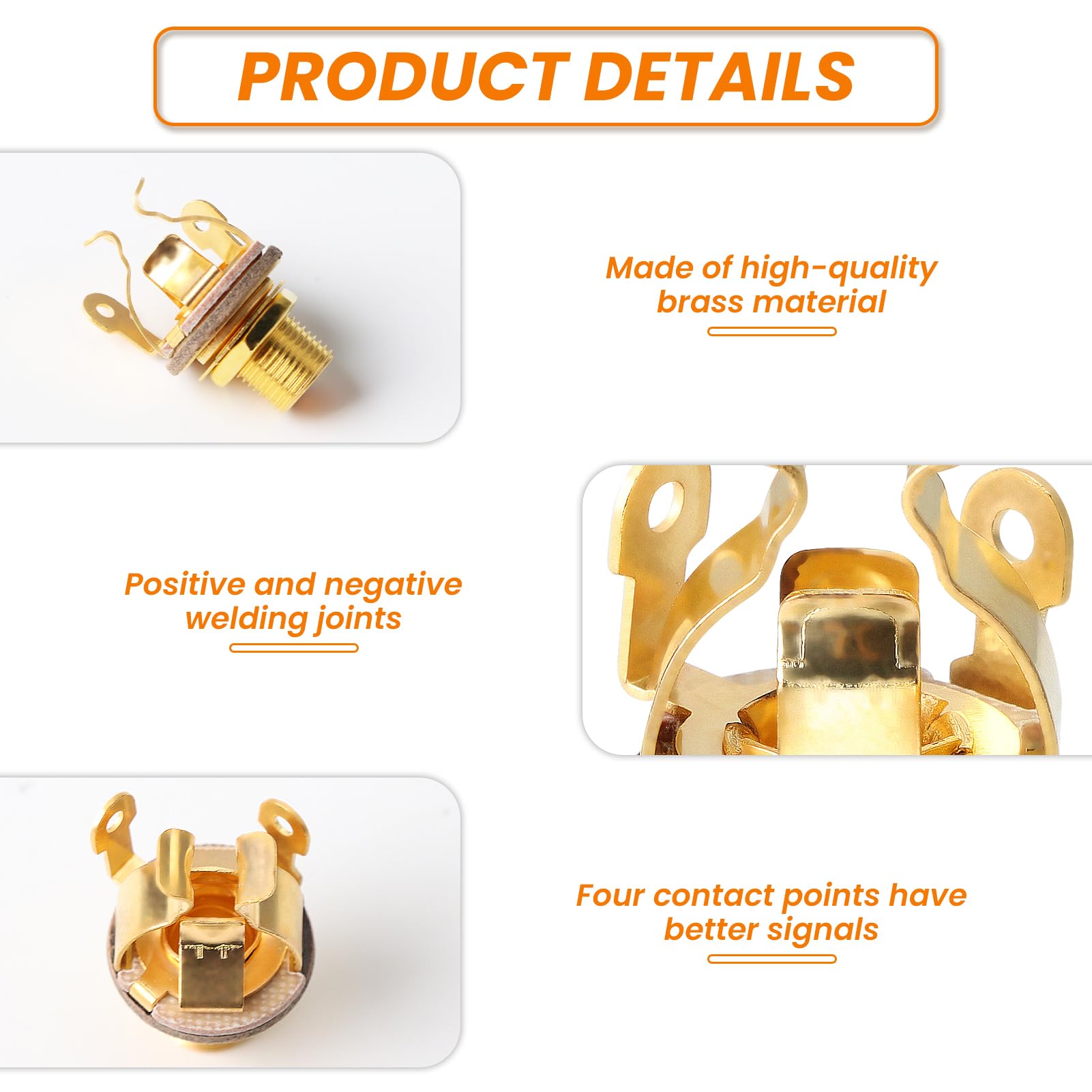 Full-Contact Output Jack Socket for Guitar Bass 2pcs 4-Contact Electric Guitar Copper Metal Stereo Jack with Washer and Nut Solder Type for Speakers Footswitch Audio Amplifier Instruments - Image 2