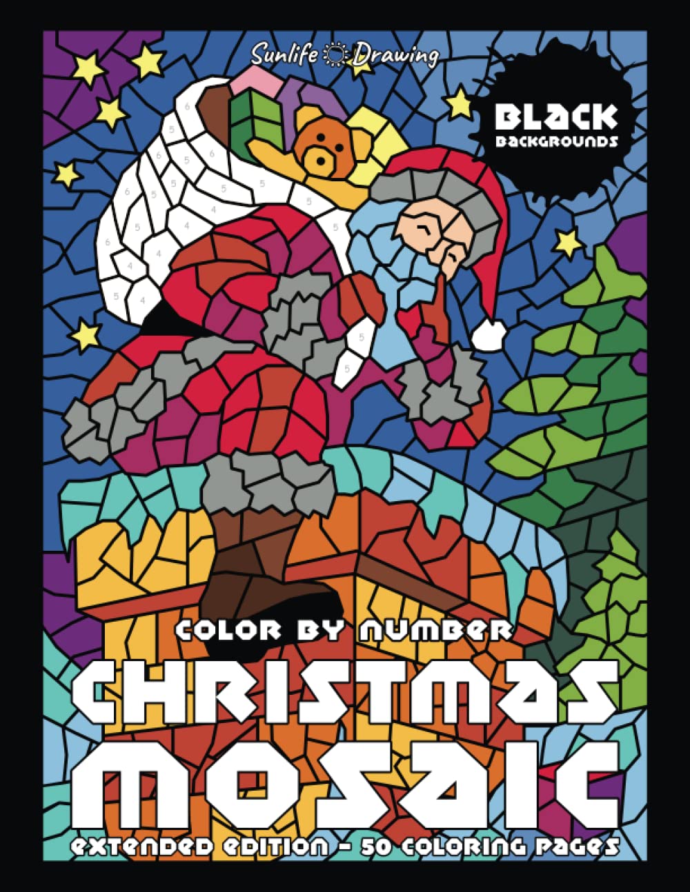 CHRISTMAS MOSAIC Color By Number (Black Backgrounds) (Extended Edition - 50 Coloring Pages)