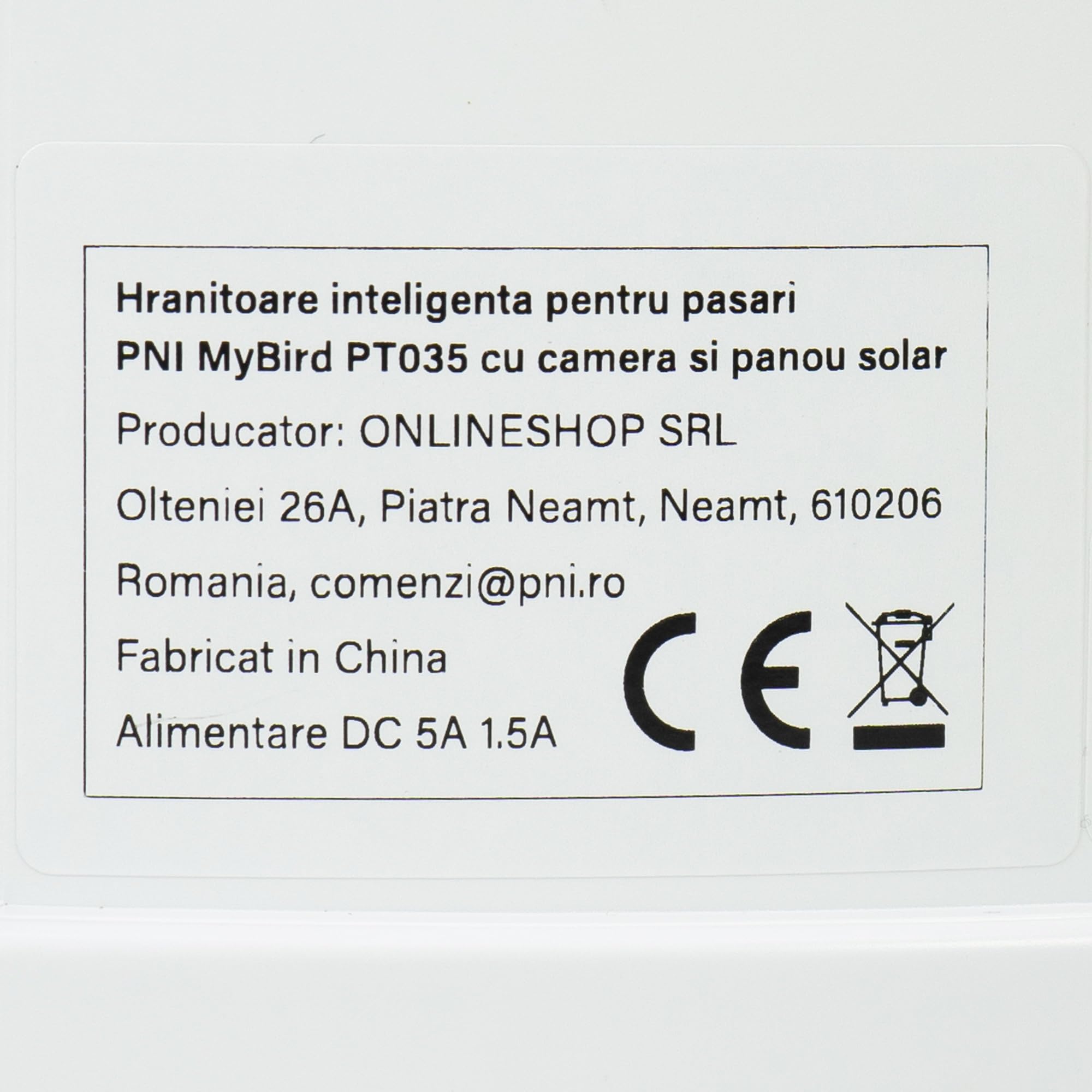 Comedero Inteligente para pájaros PNI MyBird PT035 con cámara Wi-Fi de 4MP y Panel Solar de 3W, depósito de Comida de 2l