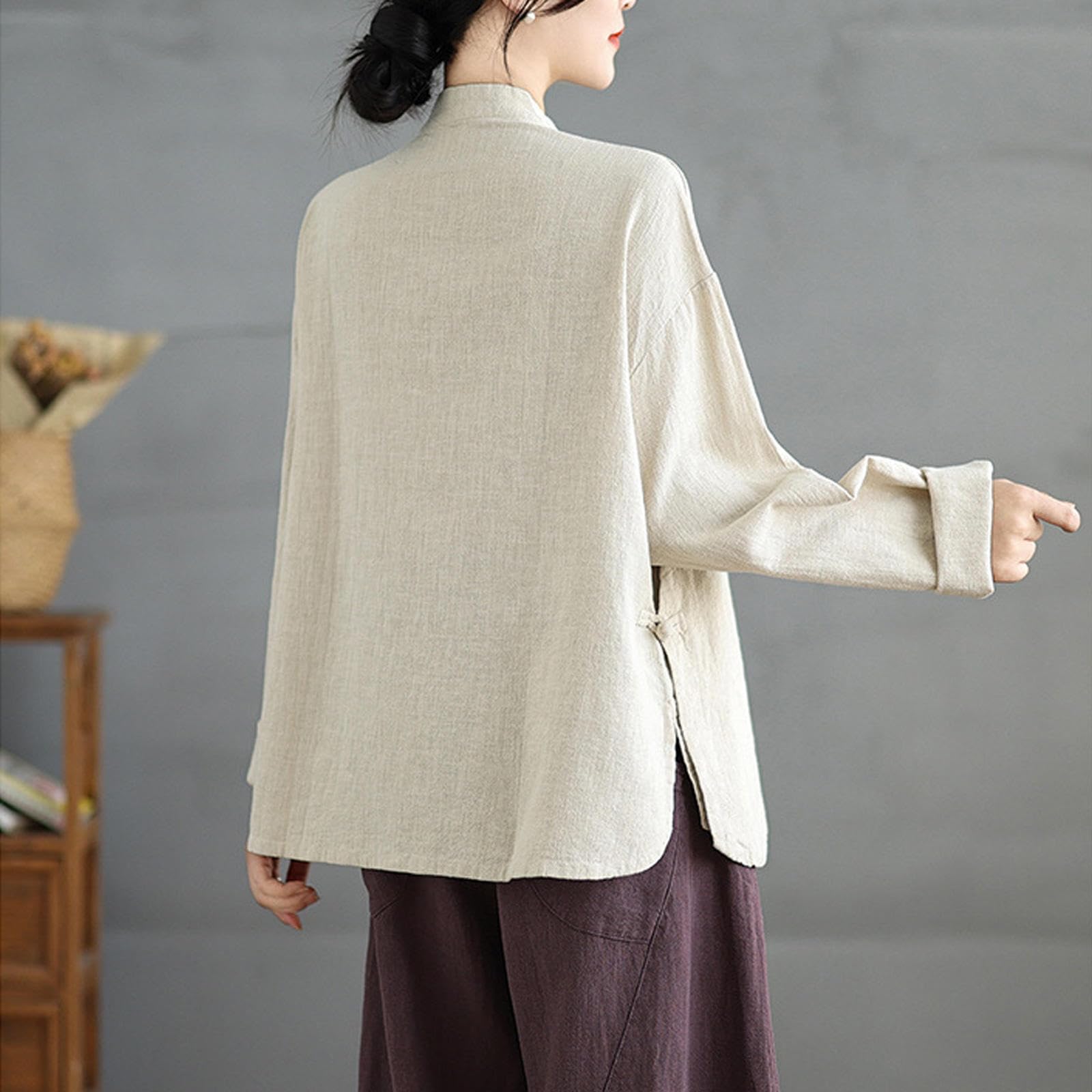 Damen Kung-Fu-Anzug aus Baumwolle und Leinen, Chinesische Kampfkunst-Uniform, Meditationsanzug, Langärmeliges Hemd und Hose,Apricot-XXL